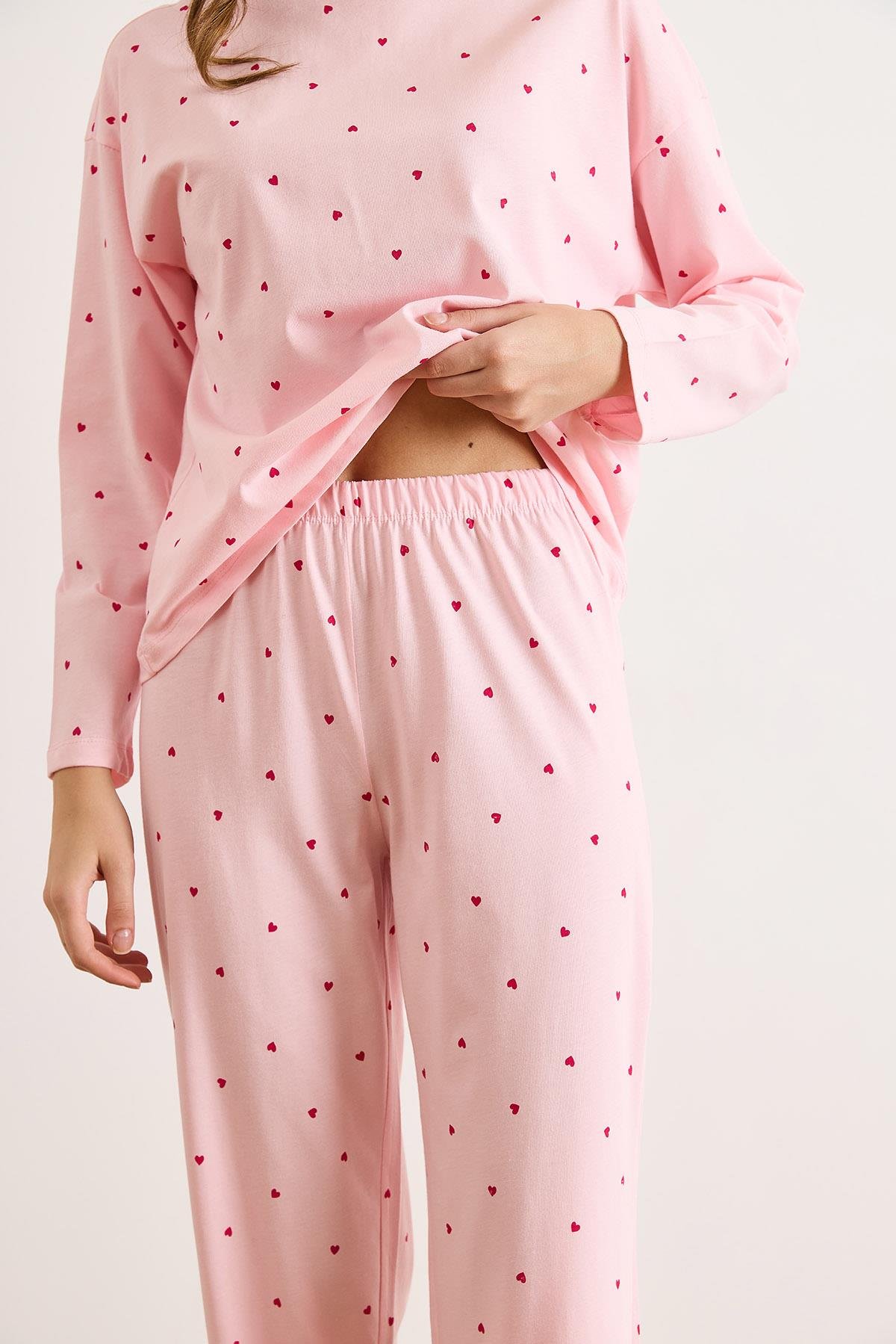 %100 Pamuk Uzun Kollu Pijama Takımı Pembe Kalp