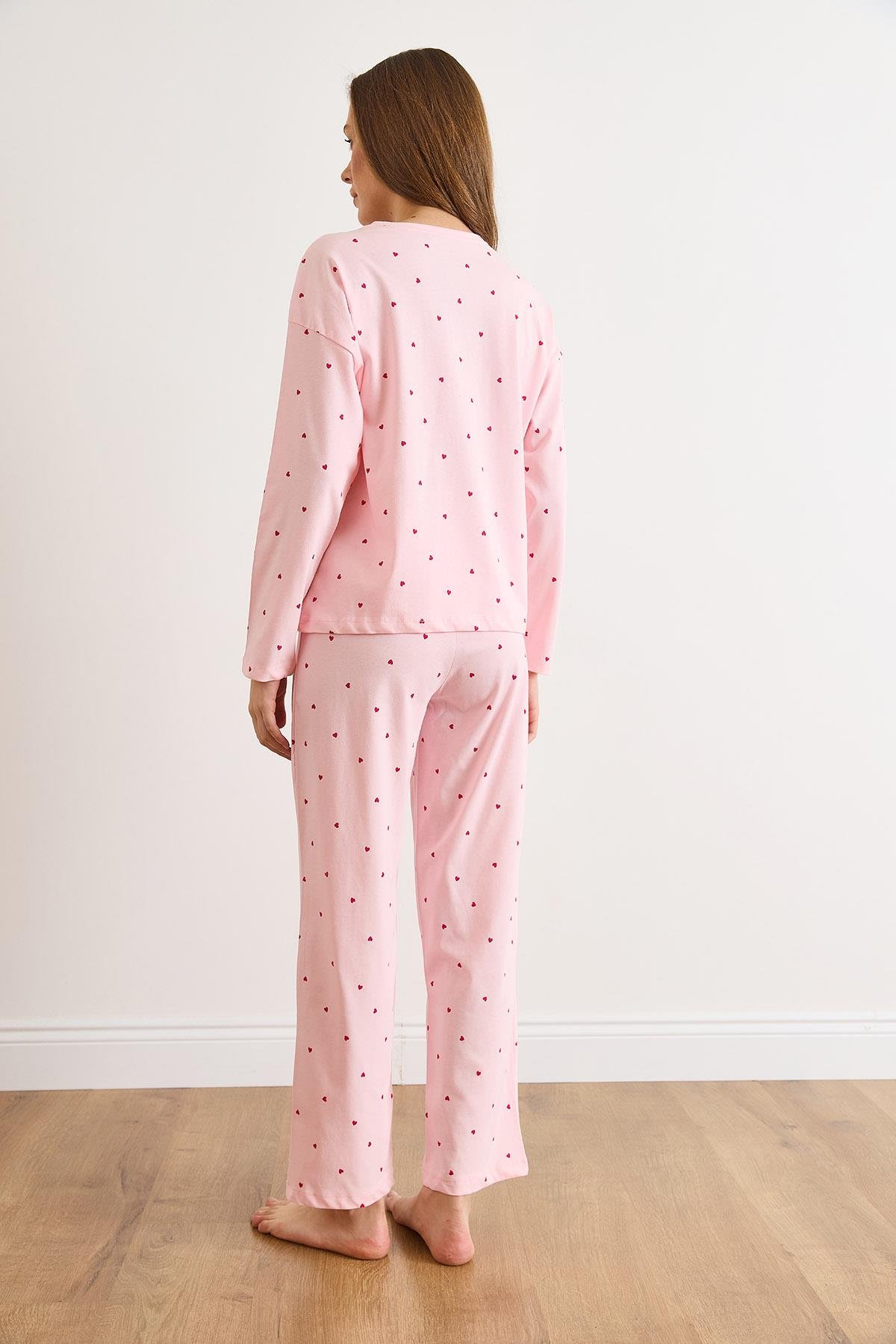 %100 Pamuk Uzun Kollu Pijama Takımı Pembe Kalp