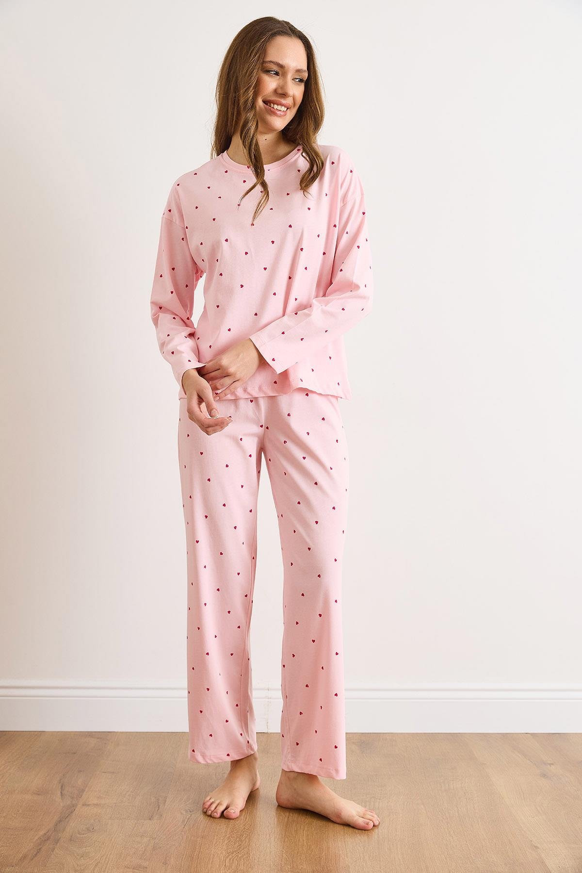 %100 Pamuk Uzun Kollu Pijama Takımı Pembe Kalp