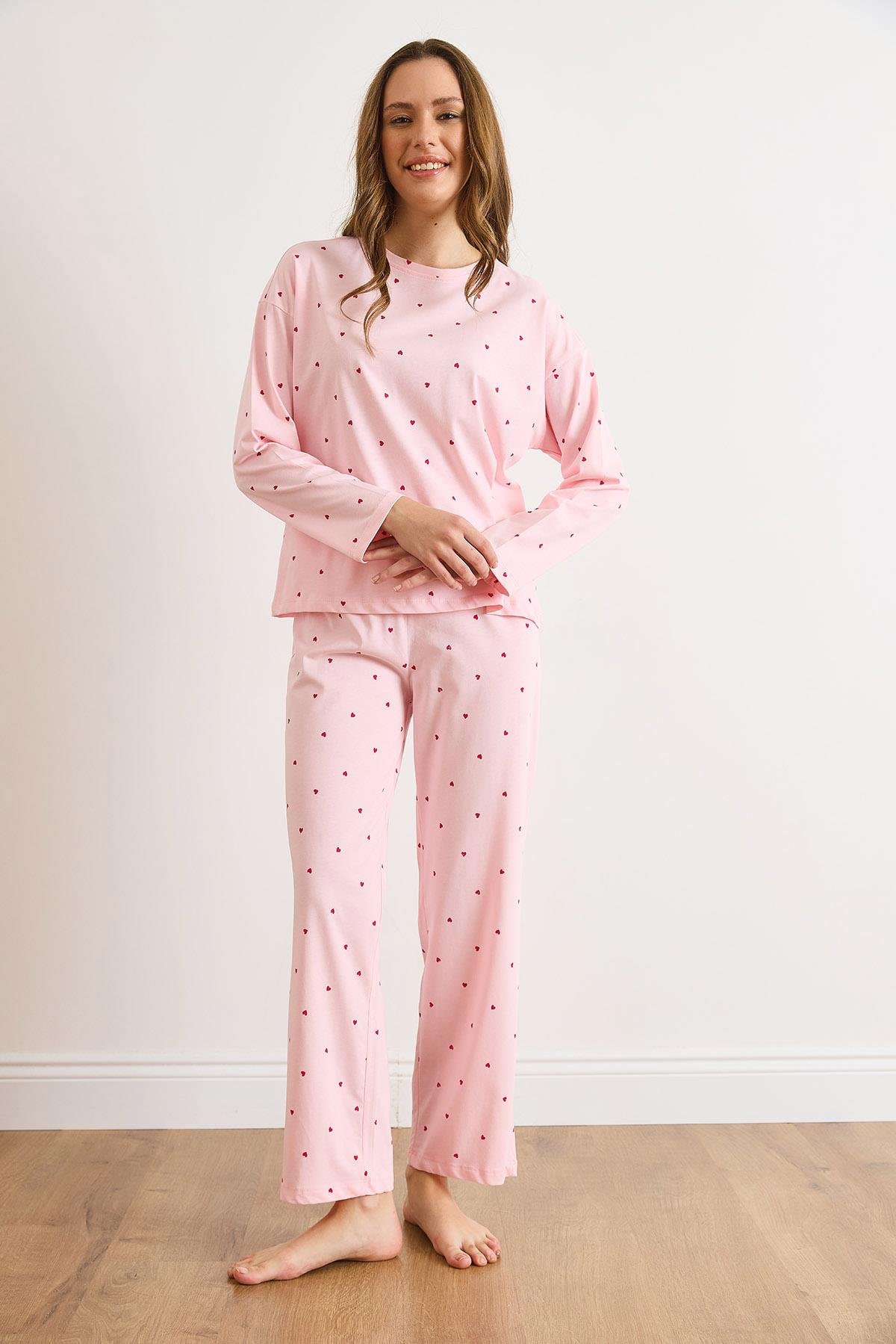 %100 Pamuk Uzun Kollu Pijama Takımı Pembe Kalp