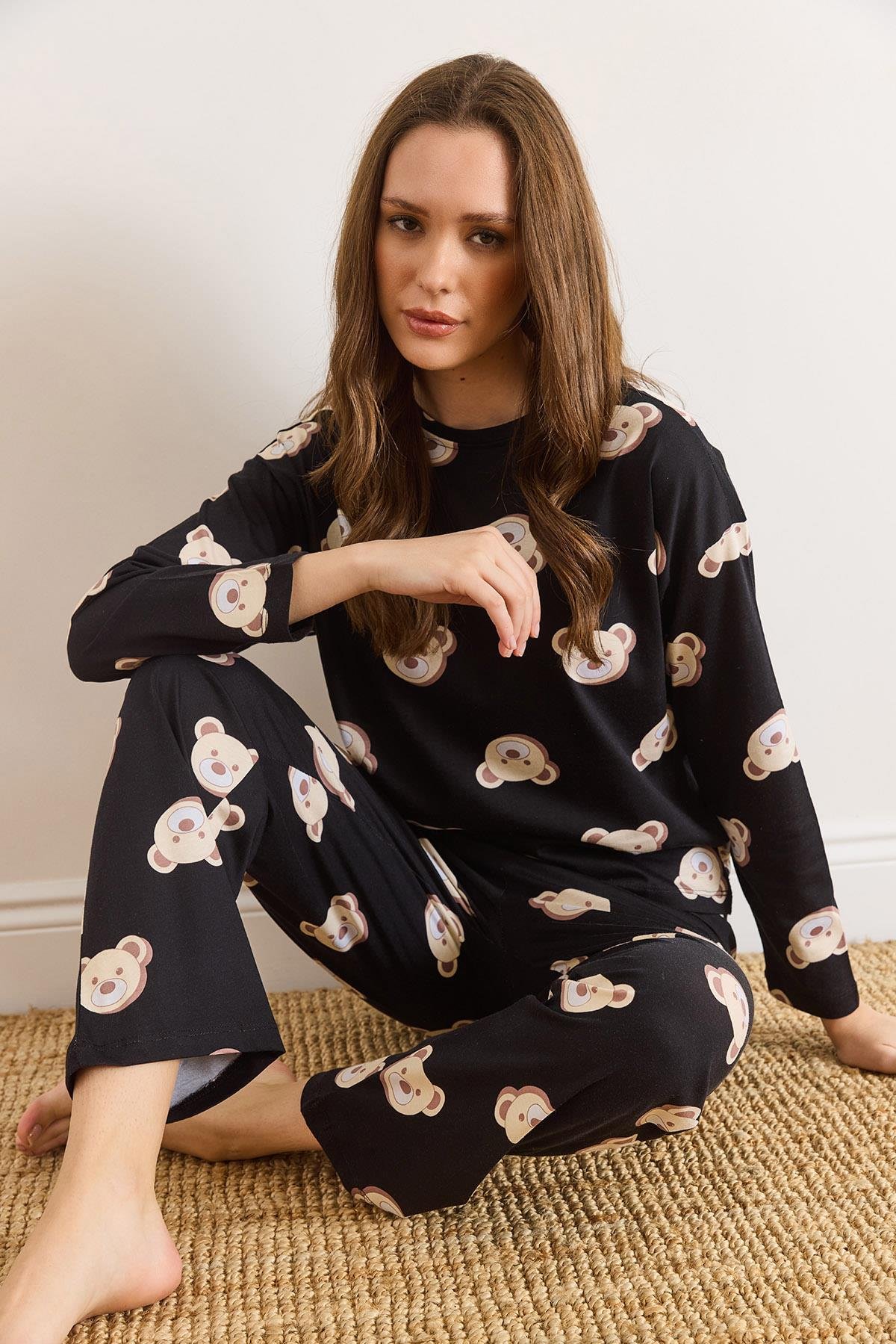 %100 Pamuk Uzun Kollu Pijama Takımı Siyah Ayıcık