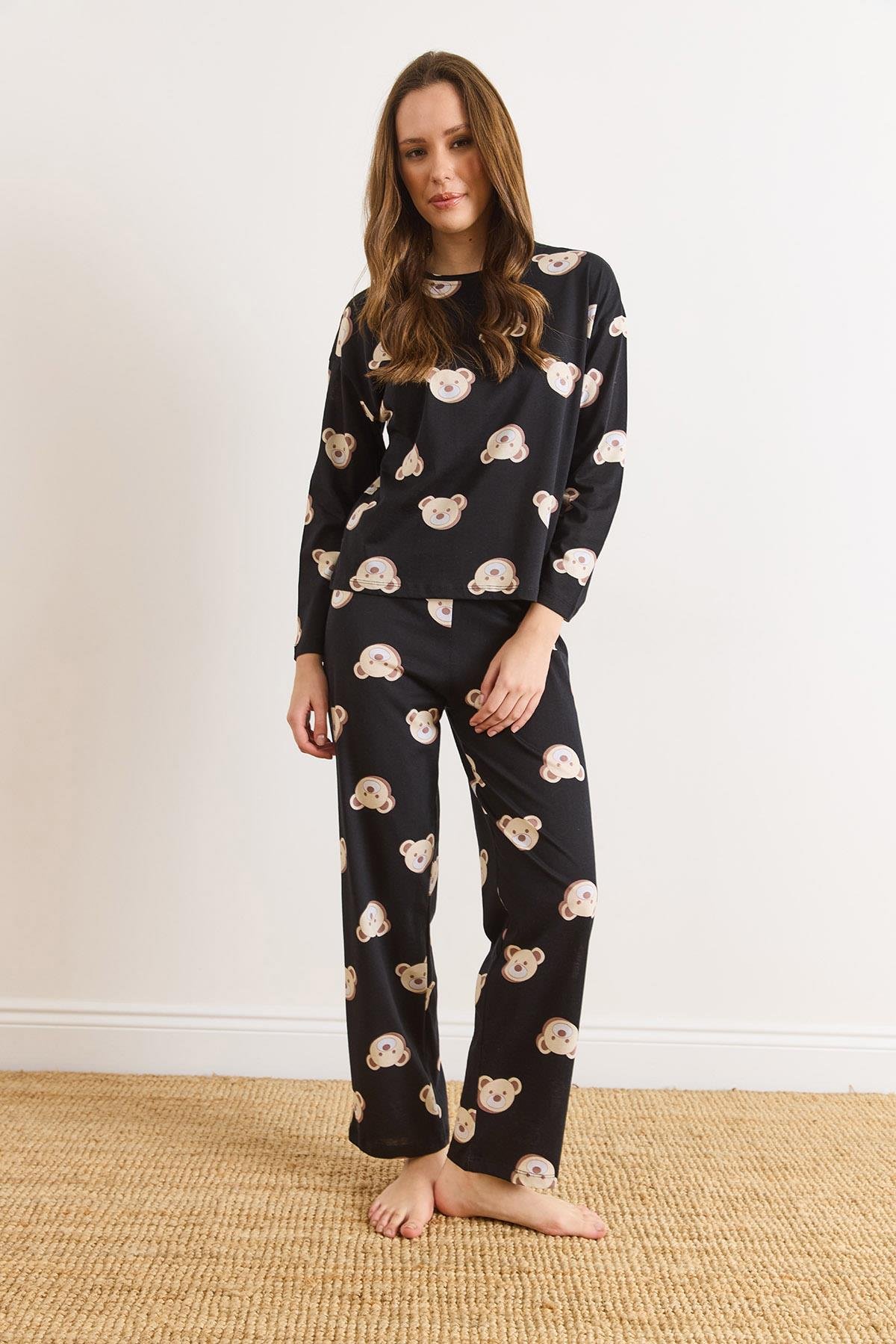 %100 Pamuk Uzun Kollu Pijama Takımı Siyah Ayıcık