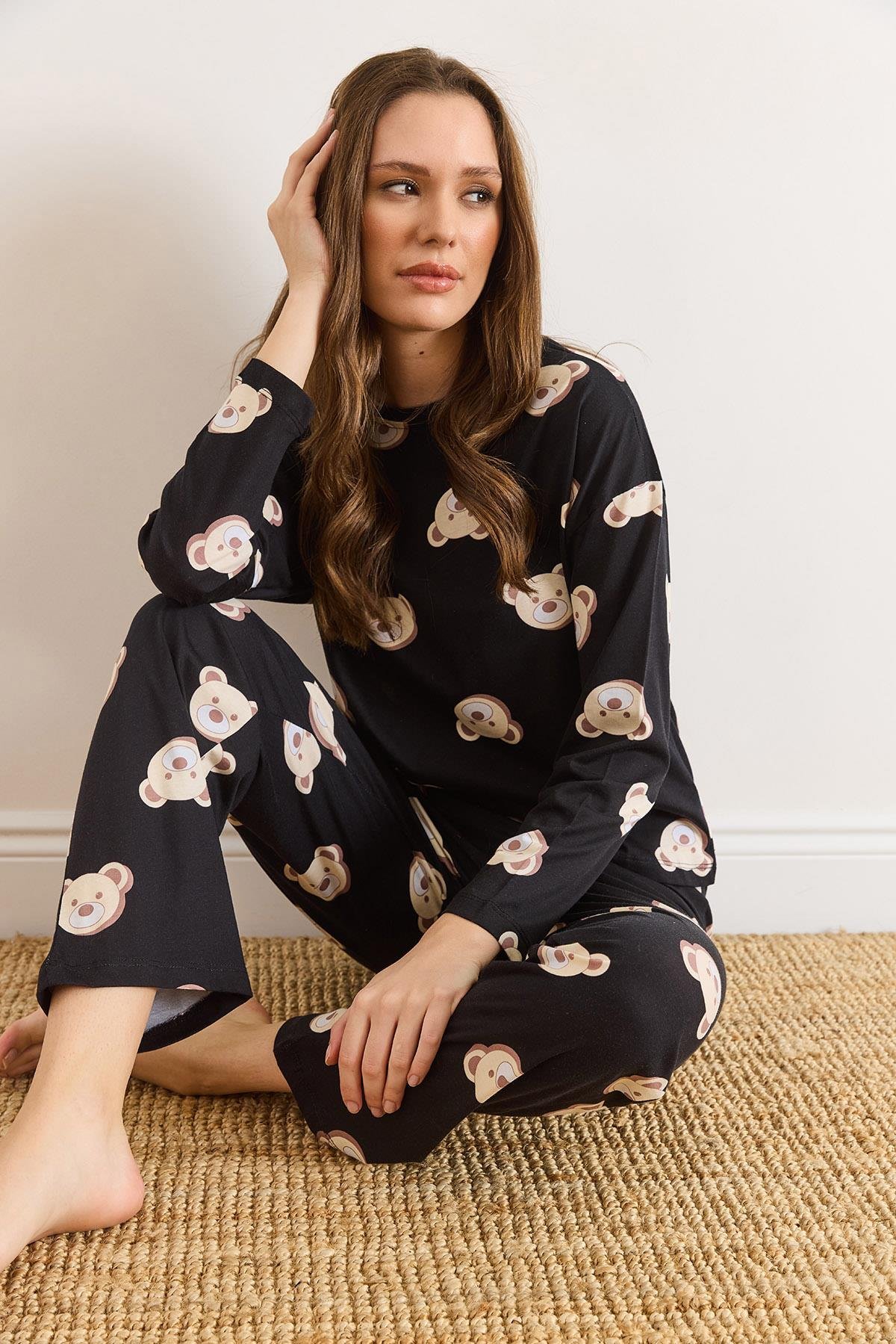 %100 Pamuk Uzun Kollu Pijama Takımı Siyah Ayıcık