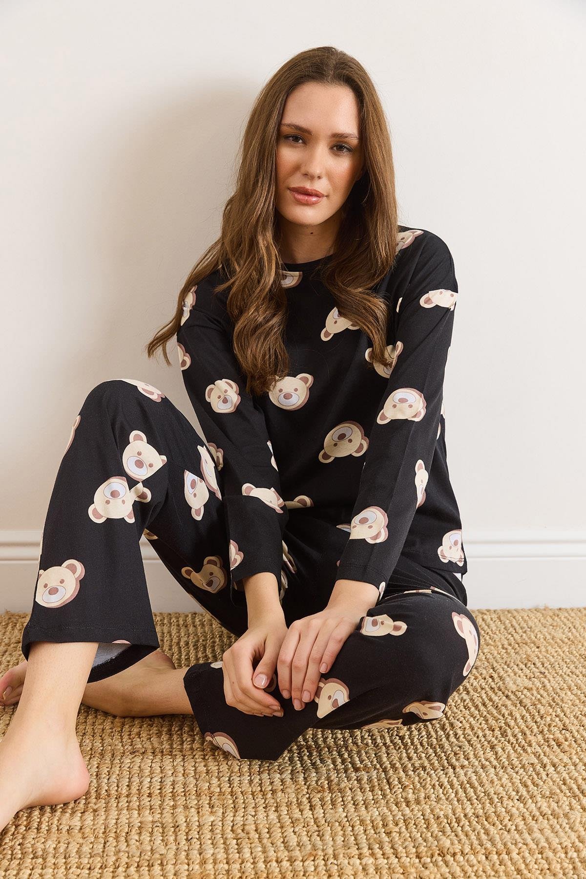 %100 Pamuk Uzun Kollu Pijama Takımı Siyah Ayıcık