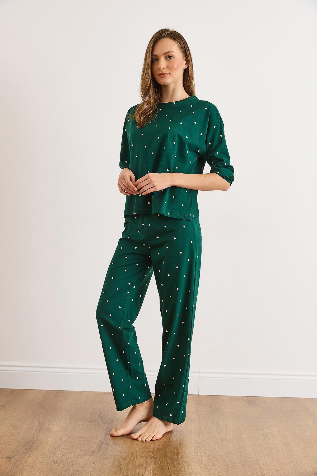 %100 Pamuk Uzun Kollu Pijama Takımı Yeşil Kalp