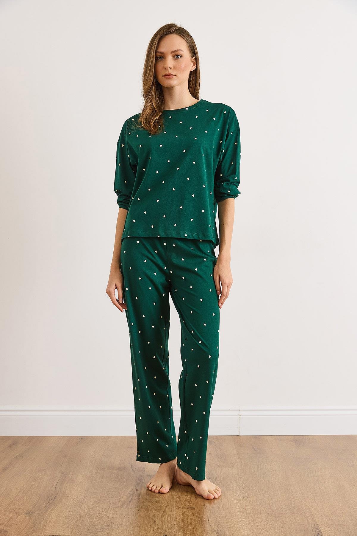 %100 Pamuk Uzun Kollu Pijama Takımı Yeşil Kalp