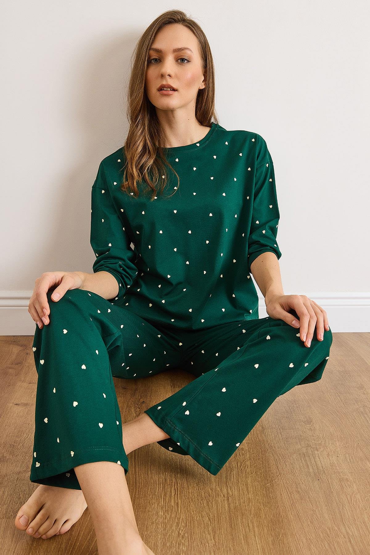 %100 Pamuk Uzun Kollu Pijama Takımı Yeşil Kalp