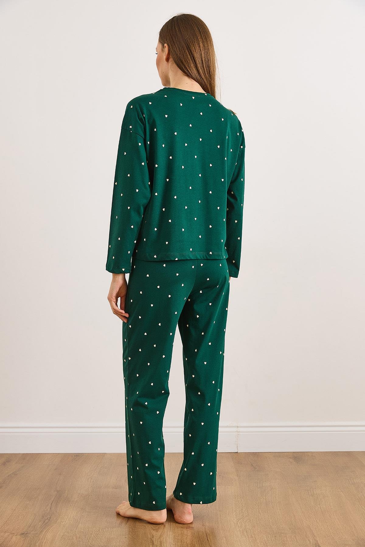 %100 Pamuk Uzun Kollu Pijama Takımı Yeşil Kalp