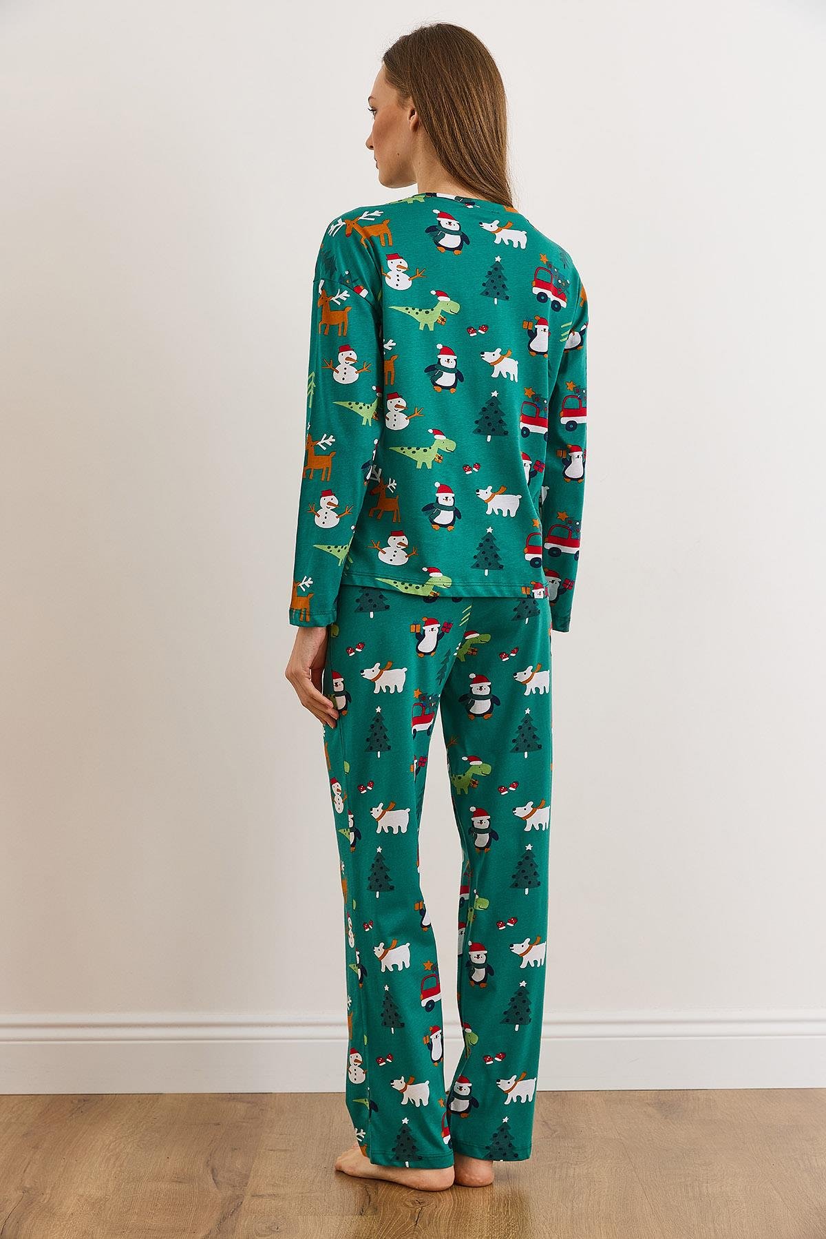 %100 Pamuk Uzun Kollu Pijama Takımı Yılbaşı Yeşil