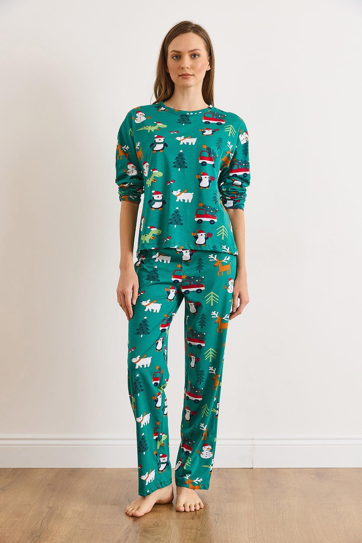 %100 Pamuk Uzun Kollu Pijama Takımı Yılbaşı Yeşil