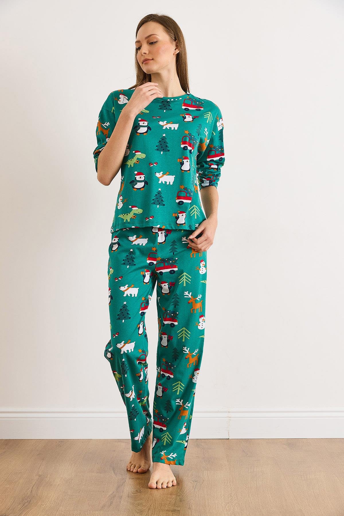 %100 Pamuk Uzun Kollu Pijama Takımı Yılbaşı Yeşil