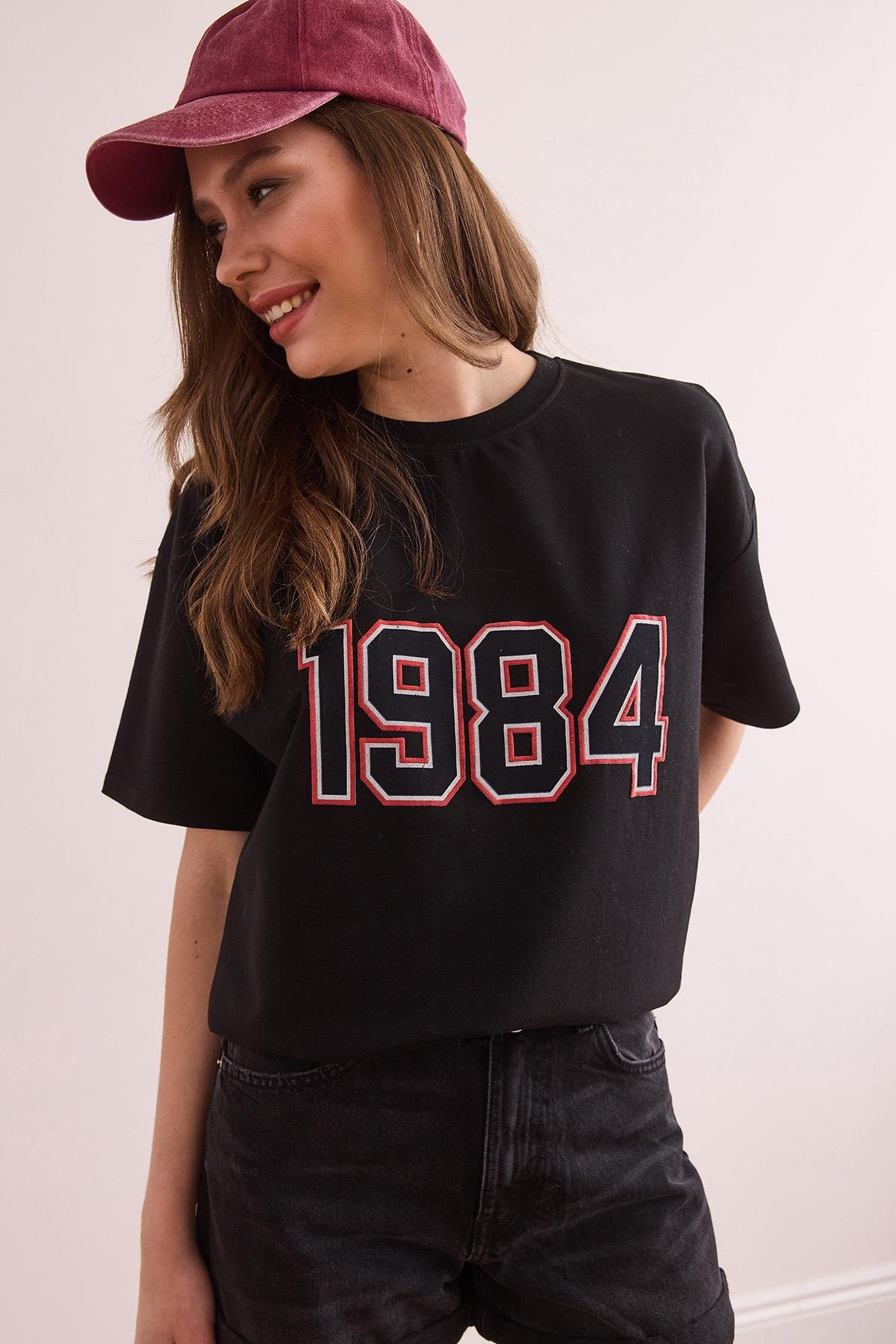 1984 Baskılı Rahat Kalıp 2 İp Tişört Siyah