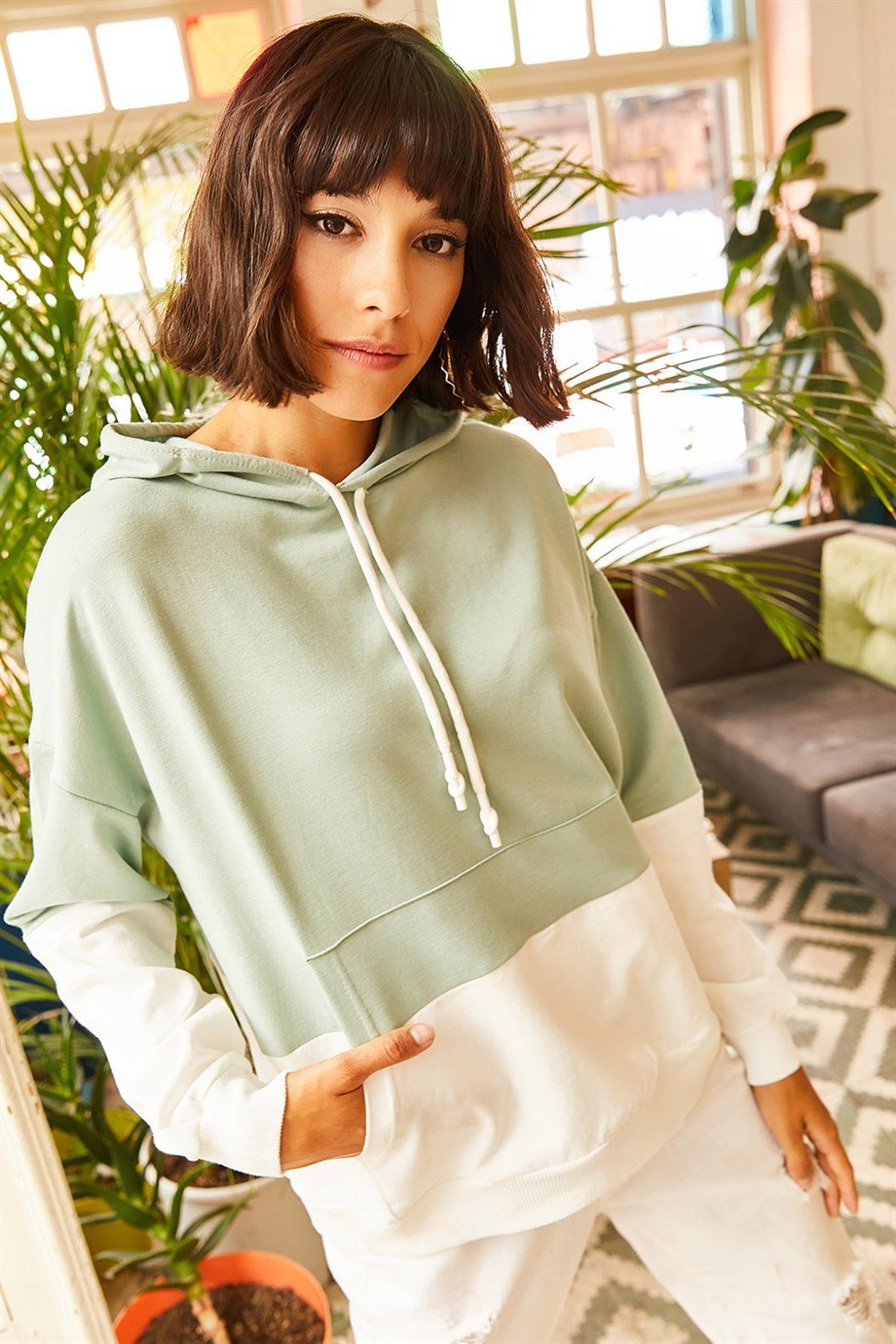 2 Renkli Oversize Sweatshirt Mint Yeşili