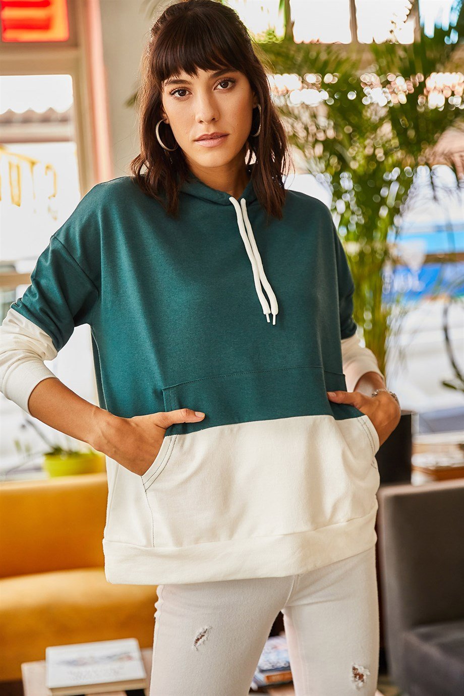 2 Renkli Oversize Sweatshirt Zümrüt Yeşili