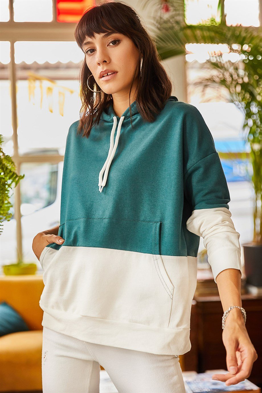 2 Renkli Oversize Sweatshirt Zümrüt Yeşili
