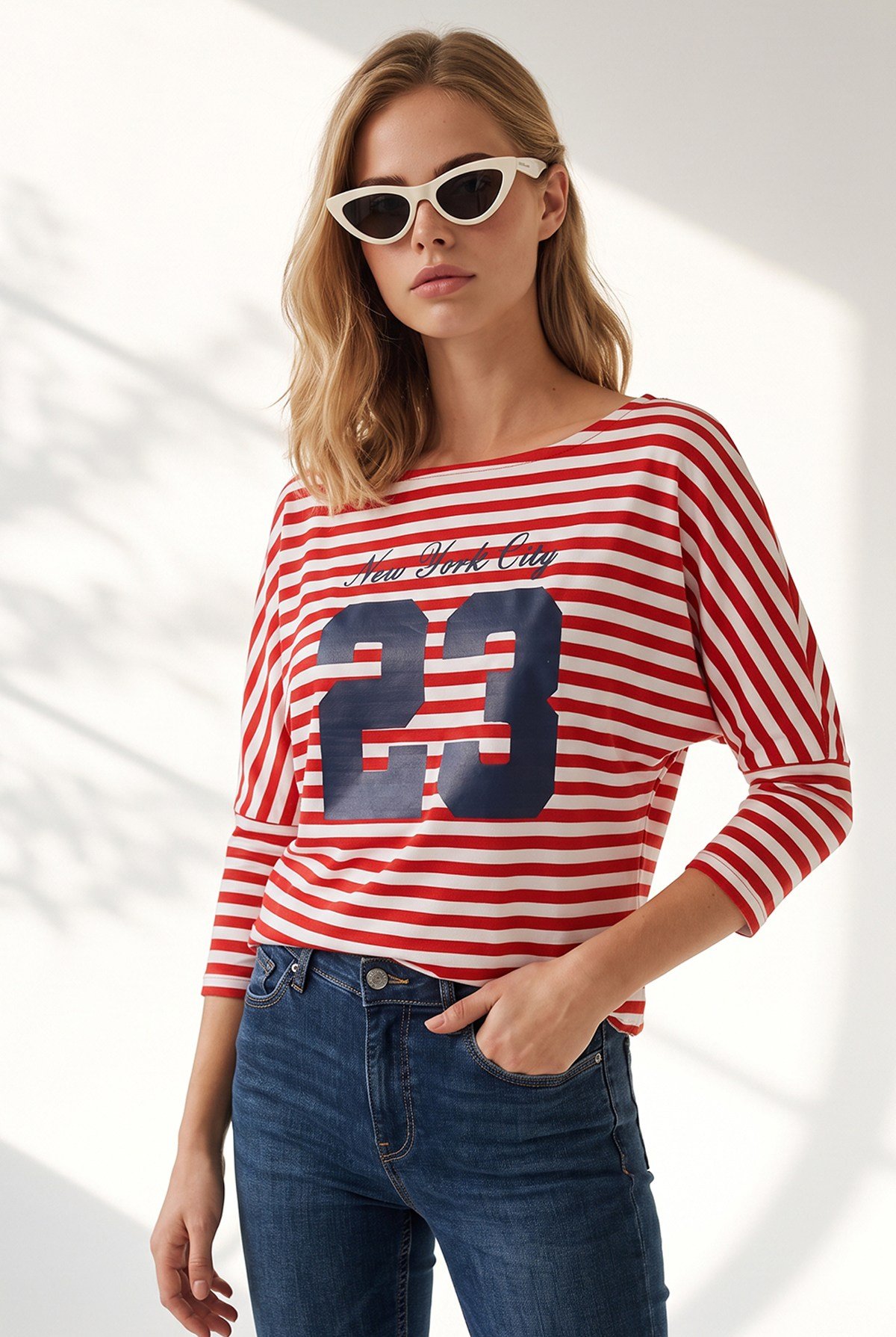 23 Baskılı Dökümlü Çizgili Sweatshirt Kırmızı