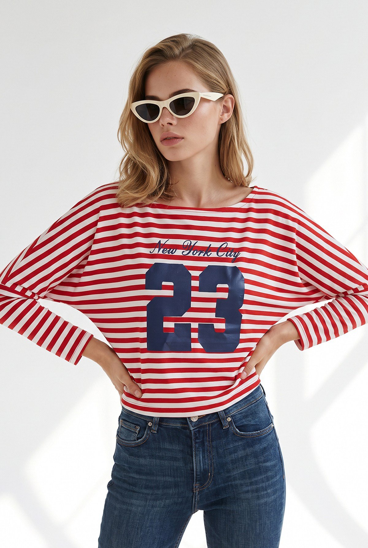 23 Baskılı Dökümlü Çizgili Sweatshirt Kırmızı