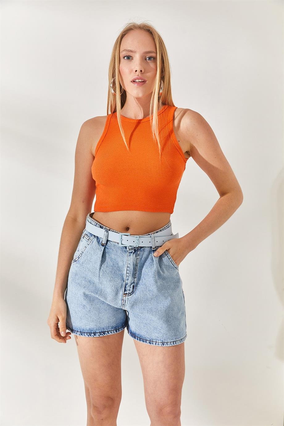 3'lü Paket Crop Fitilli Body Saks-Turuncu-Pembe