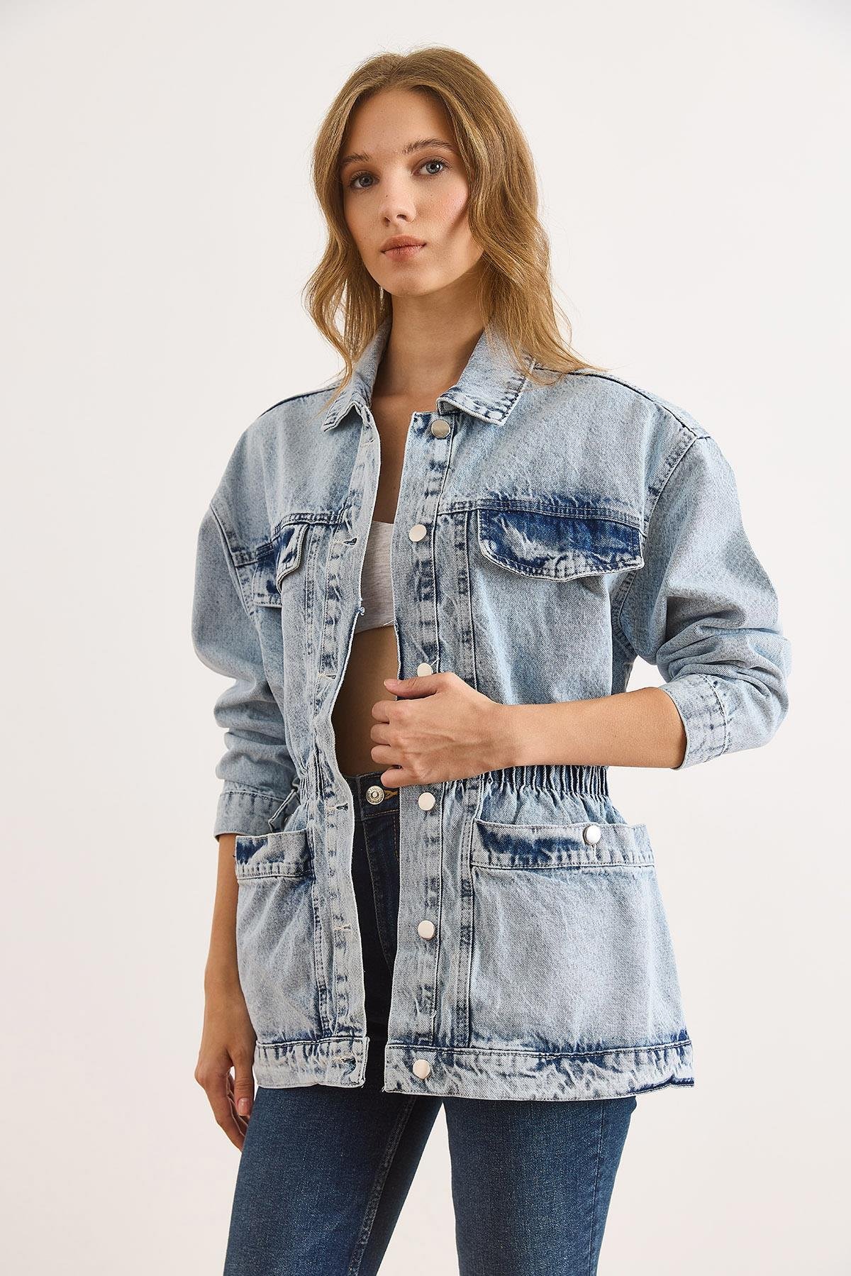 4 Cepli Beli Gipeli Uzun Denim Ceket Açık Mavi