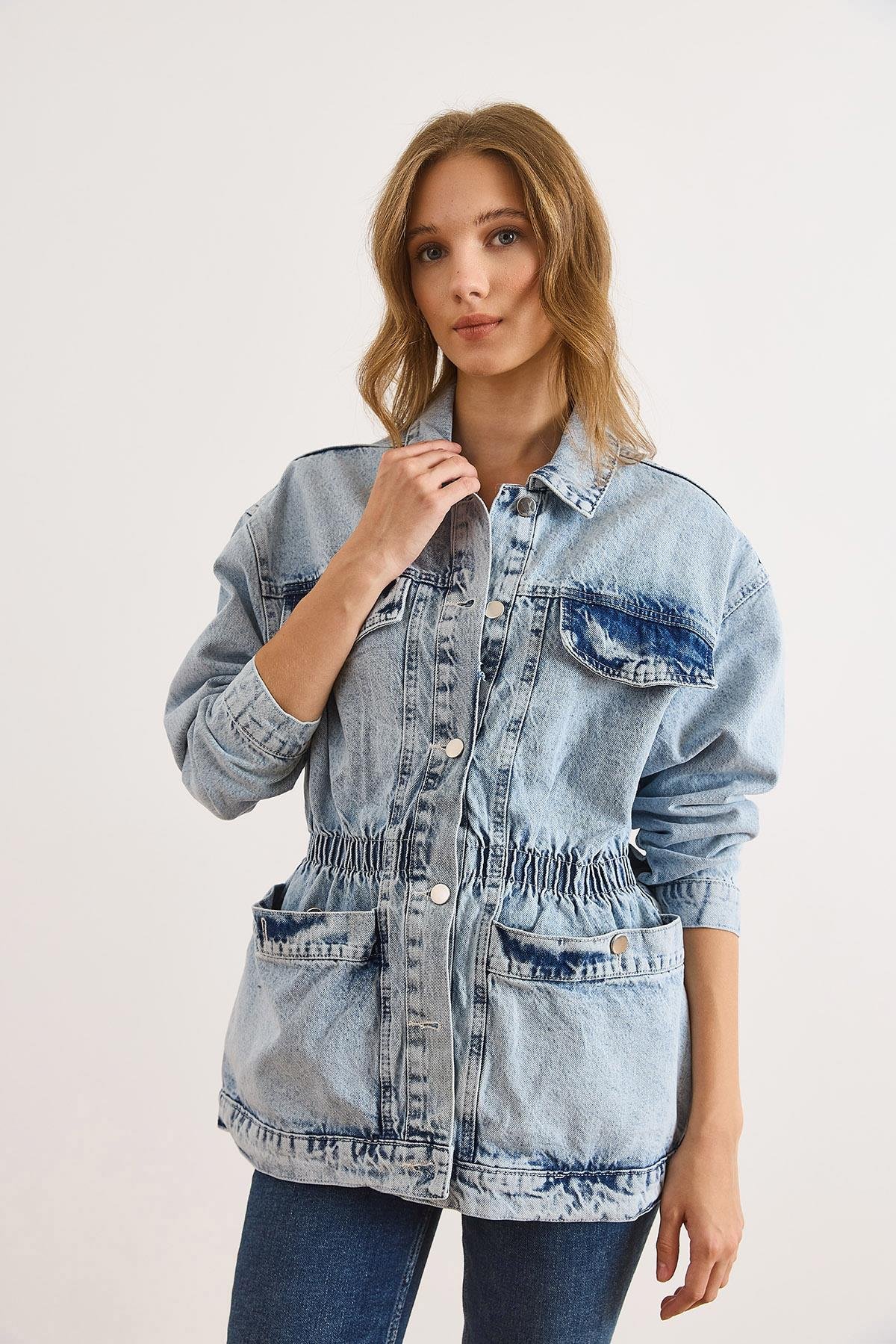 4 Cepli Beli Gipeli Uzun Denim Ceket Açık Mavi