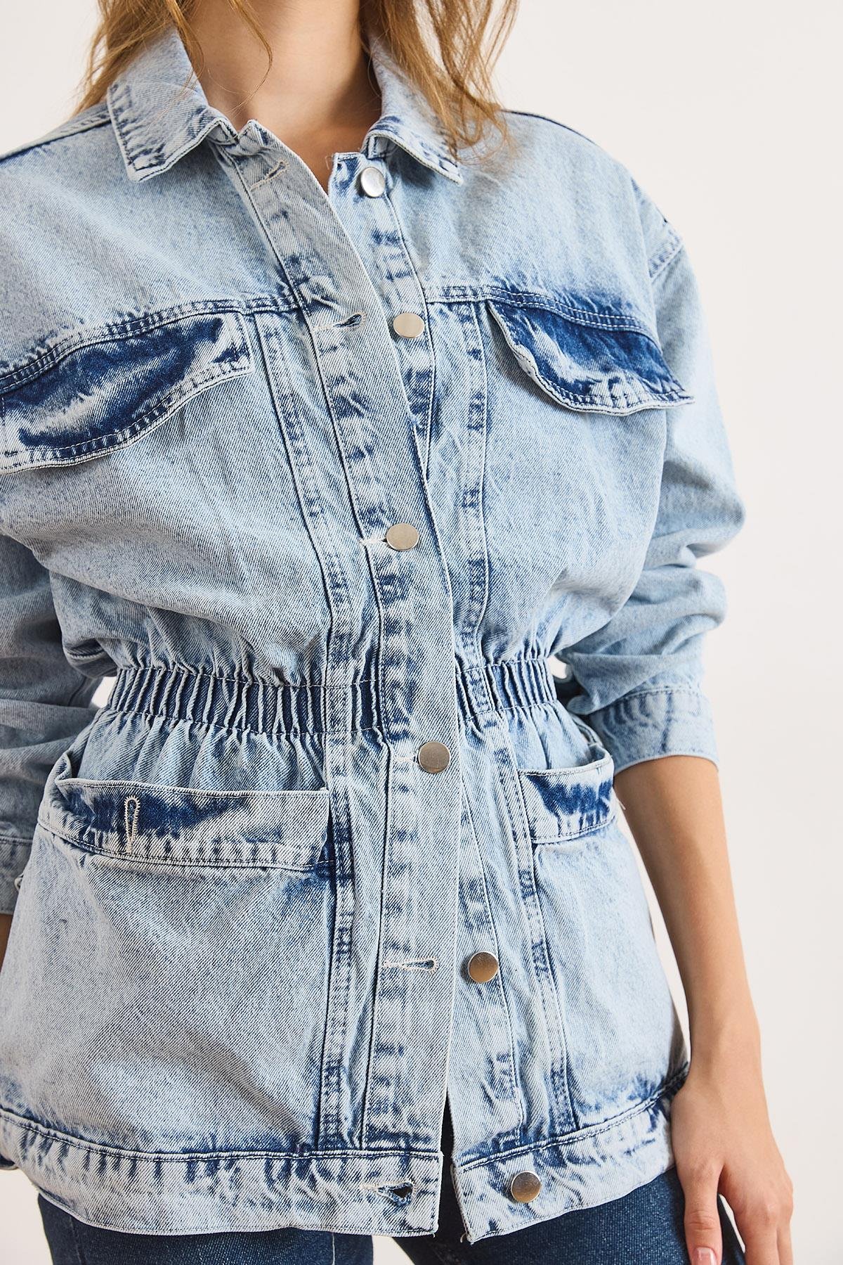 4 Cepli Beli Gipeli Uzun Denim Ceket Açık Mavi