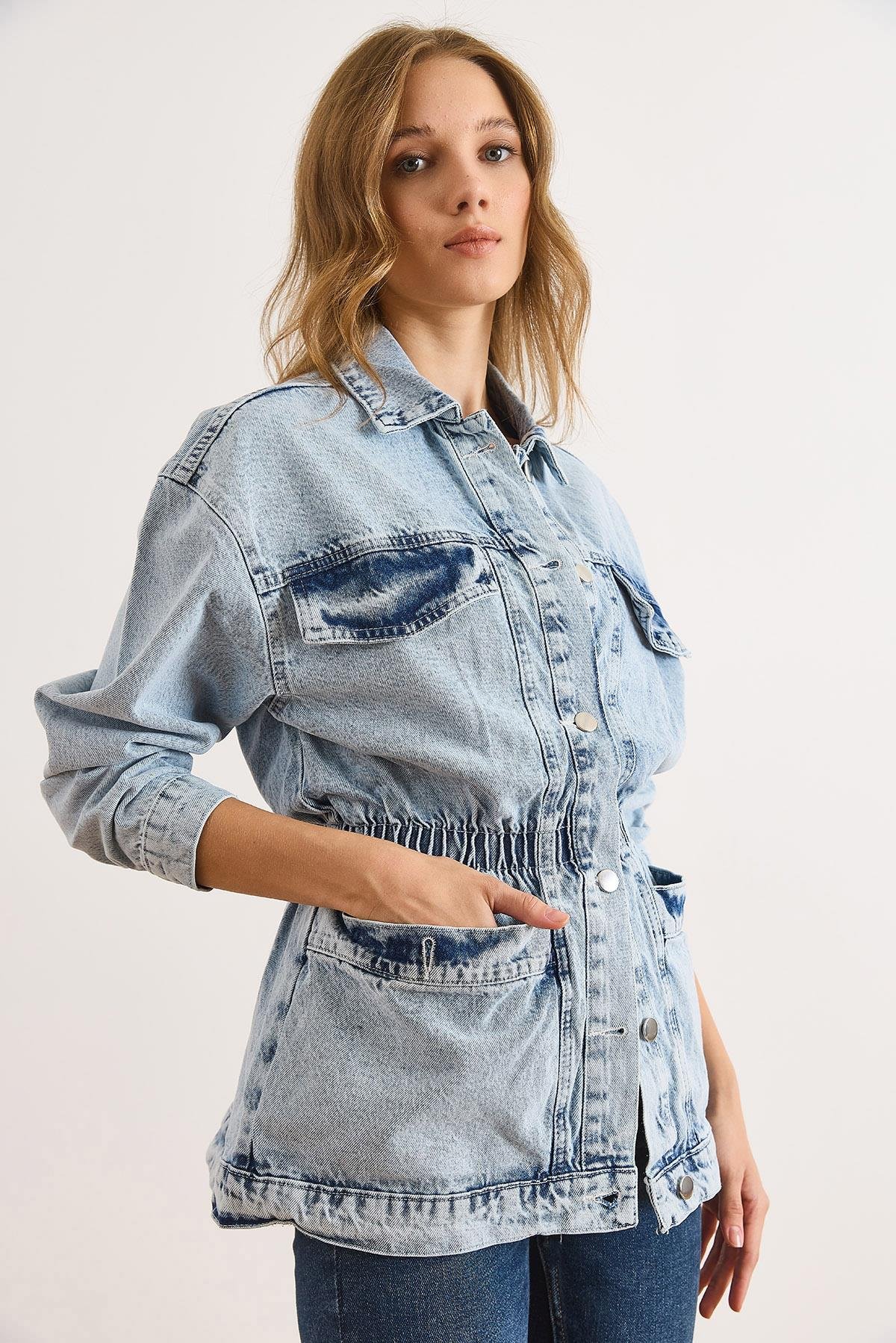 4 Cepli Beli Gipeli Uzun Denim Ceket Açık Mavi