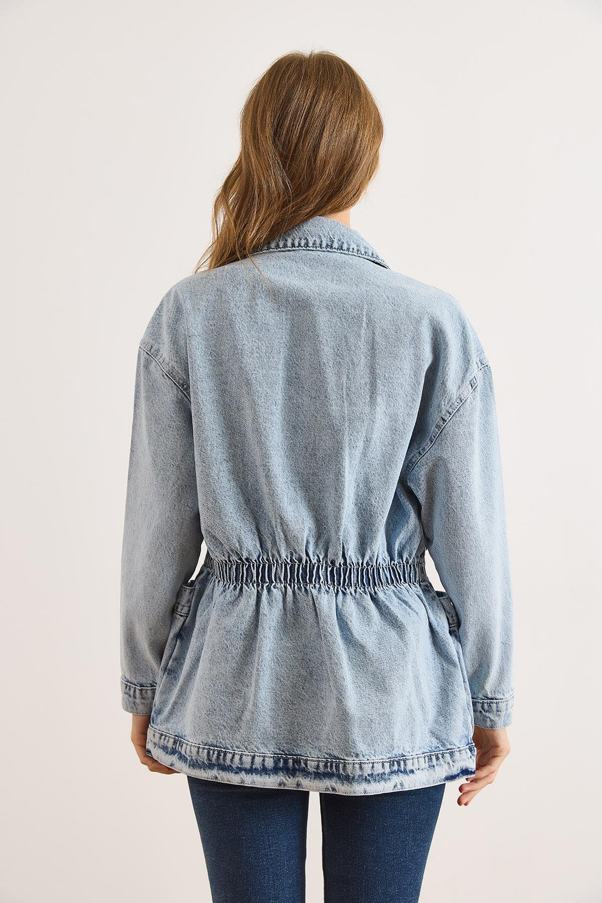 4 Cepli Beli Gipeli Uzun Denim Ceket Açık Mavi