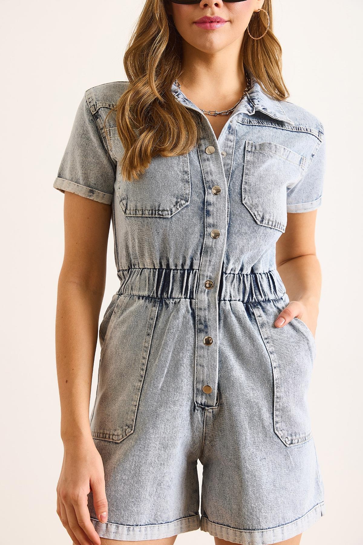 4 Cepli Beli Lastikli Denim Şort Tulum Açık Mavi