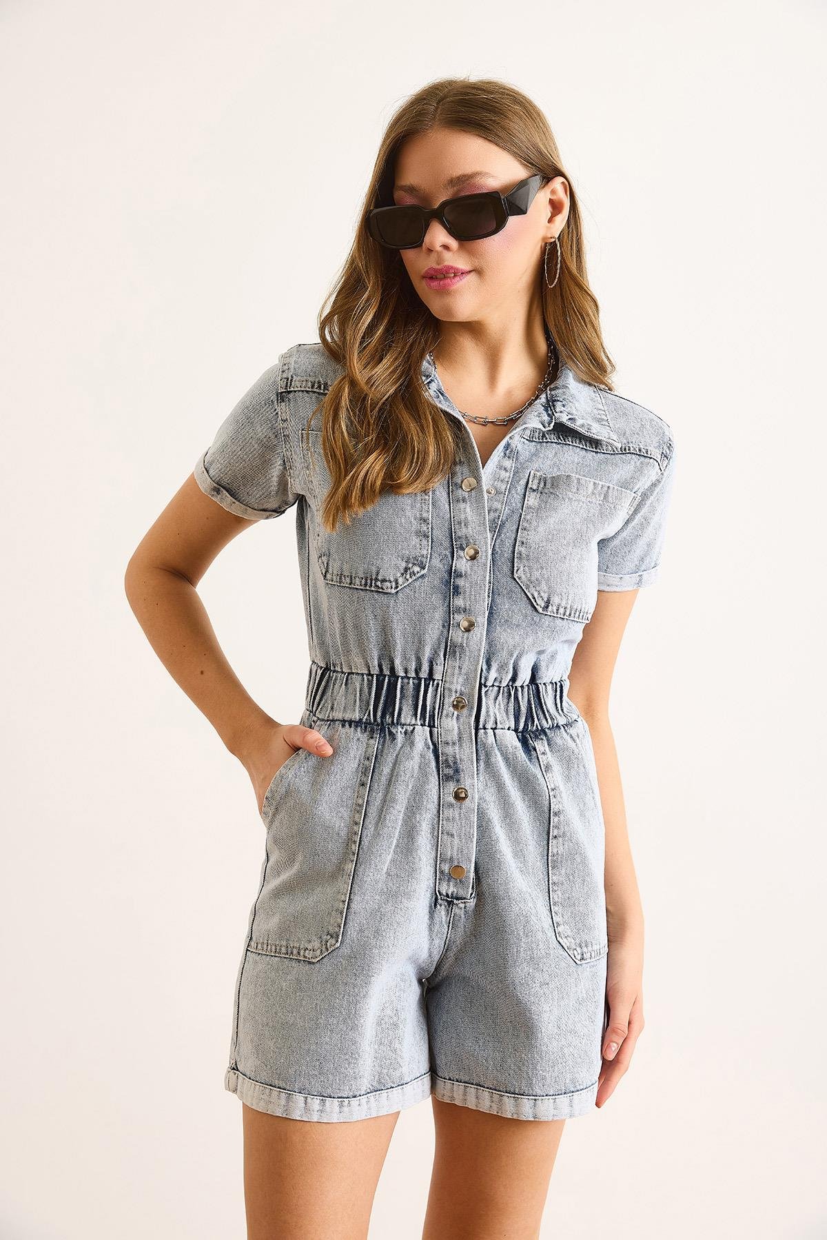 4 Cepli Beli Lastikli Denim Şort Tulum Açık Mavi