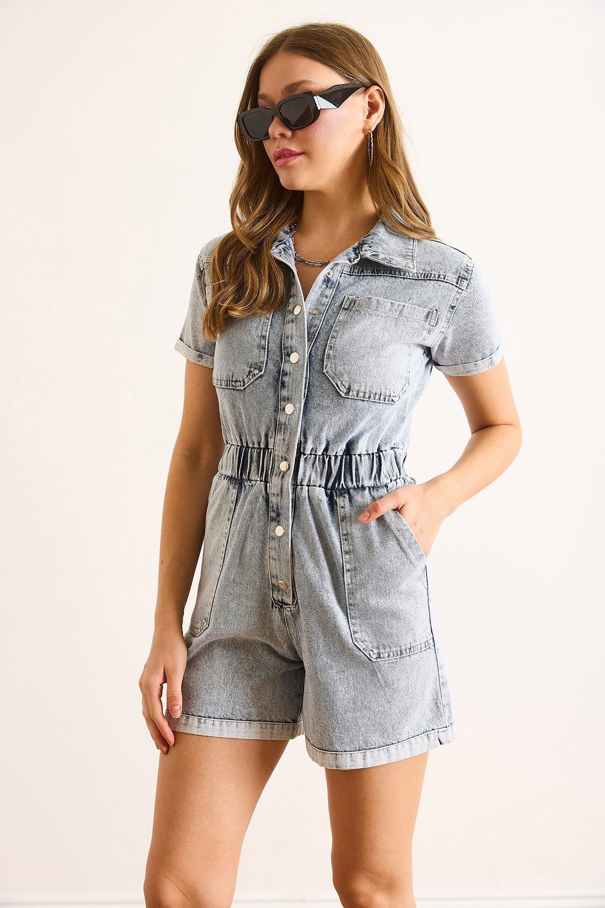 4 Cepli Beli Lastikli Denim Şort Tulum Açık Mavi
