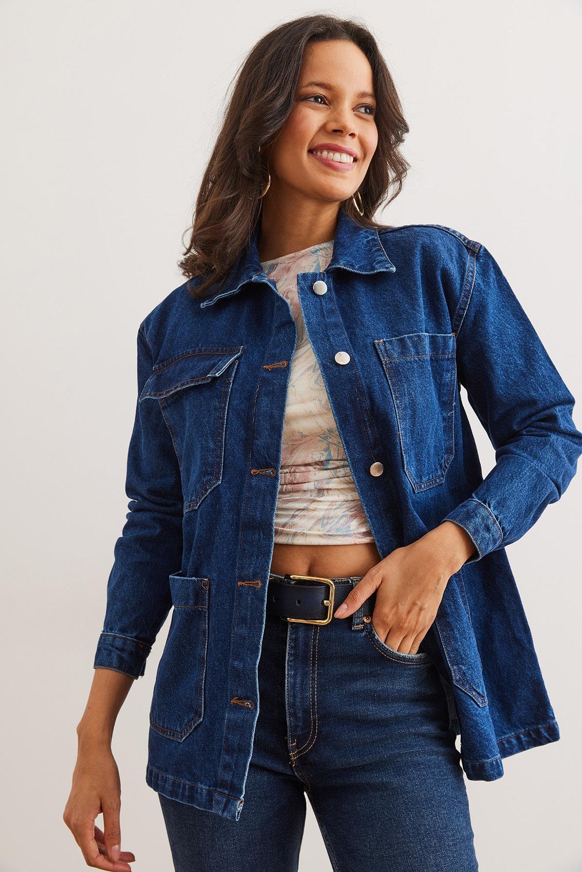 4 Cepli Düğmeli Denim Ceket Koyu Mavi
