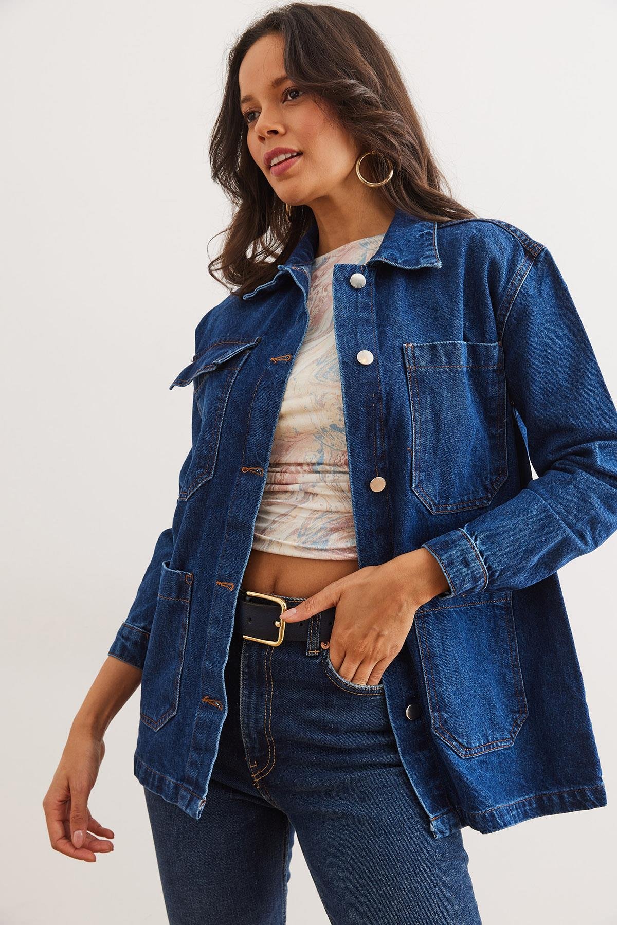 4 Cepli Düğmeli Denim Ceket Koyu Mavi