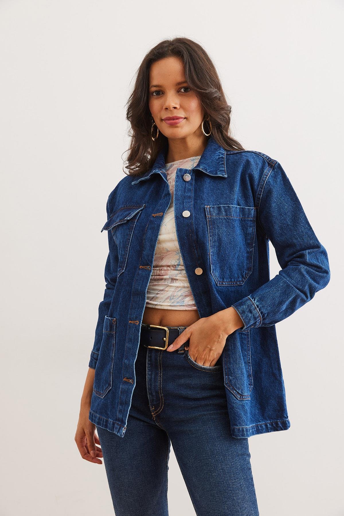 4 Cepli Düğmeli Denim Ceket Koyu Mavi