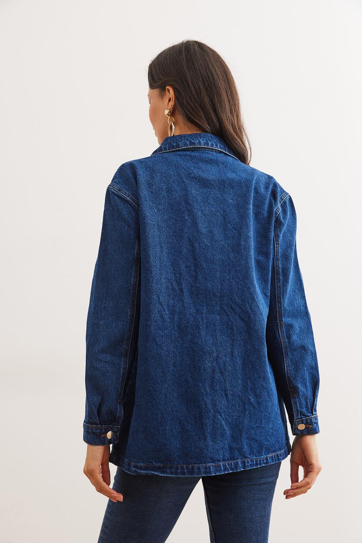 4 Cepli Düğmeli Denim Ceket Koyu Mavi