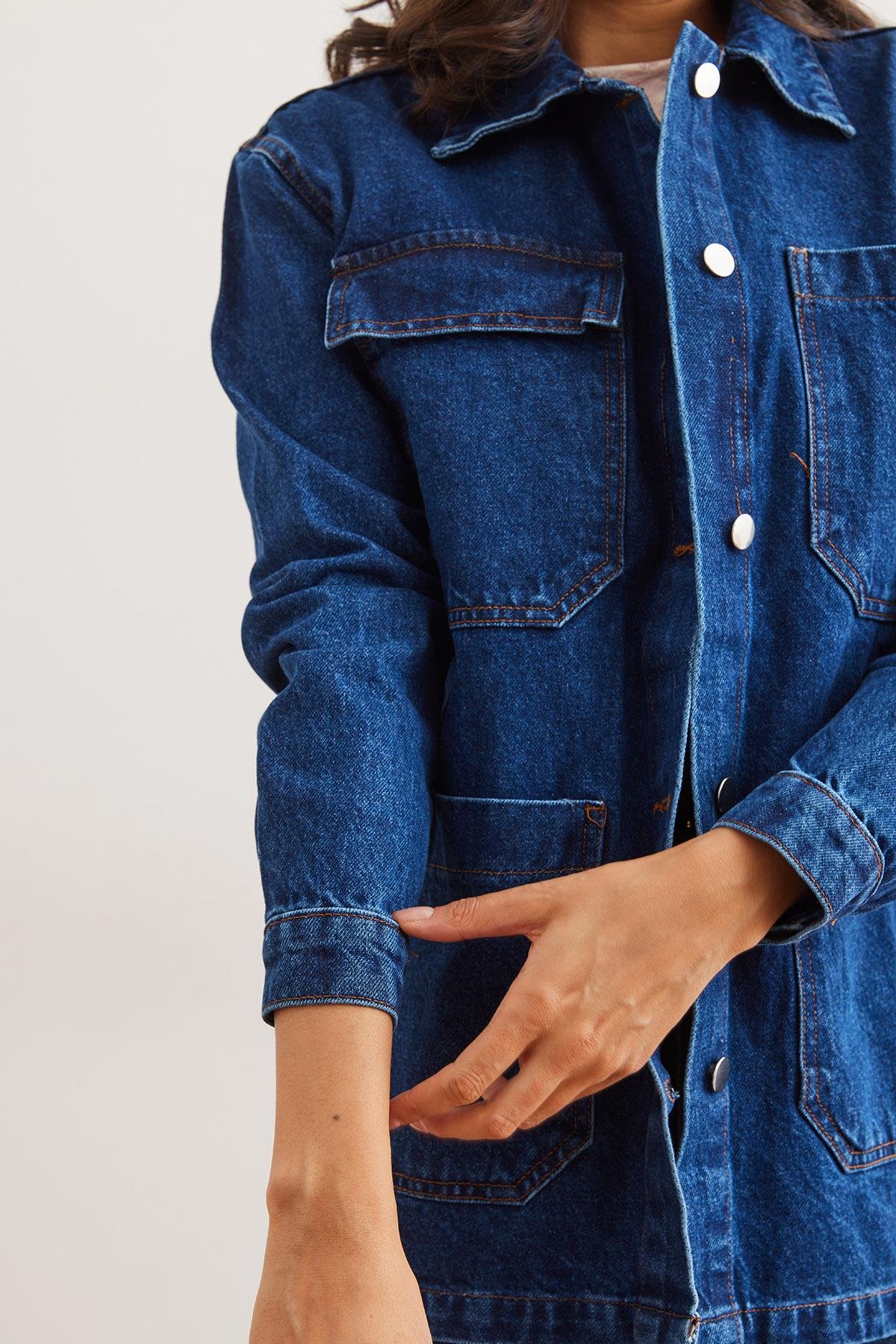 4 Cepli Düğmeli Denim Ceket Koyu Mavi
