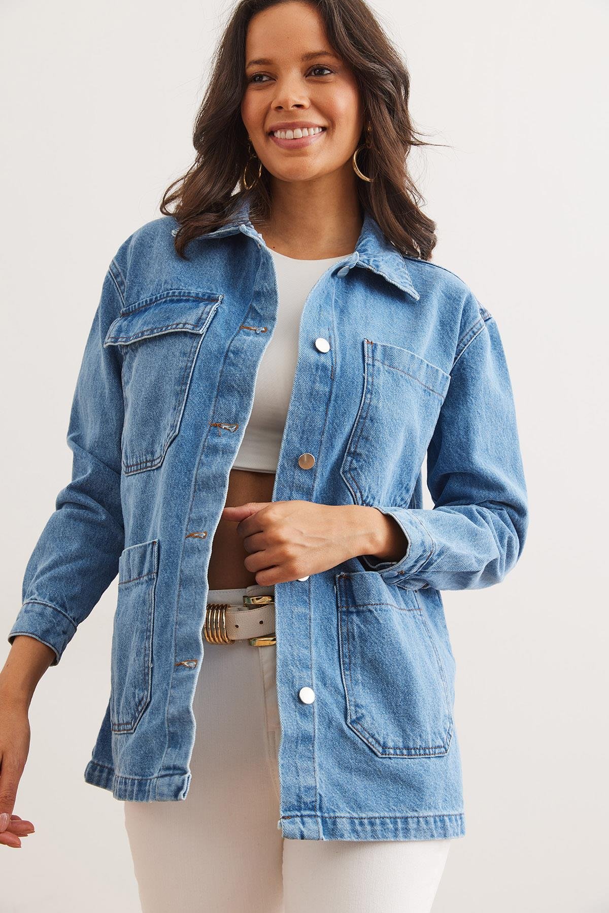 4 Cepli Düğmeli Denim Ceket Mavi