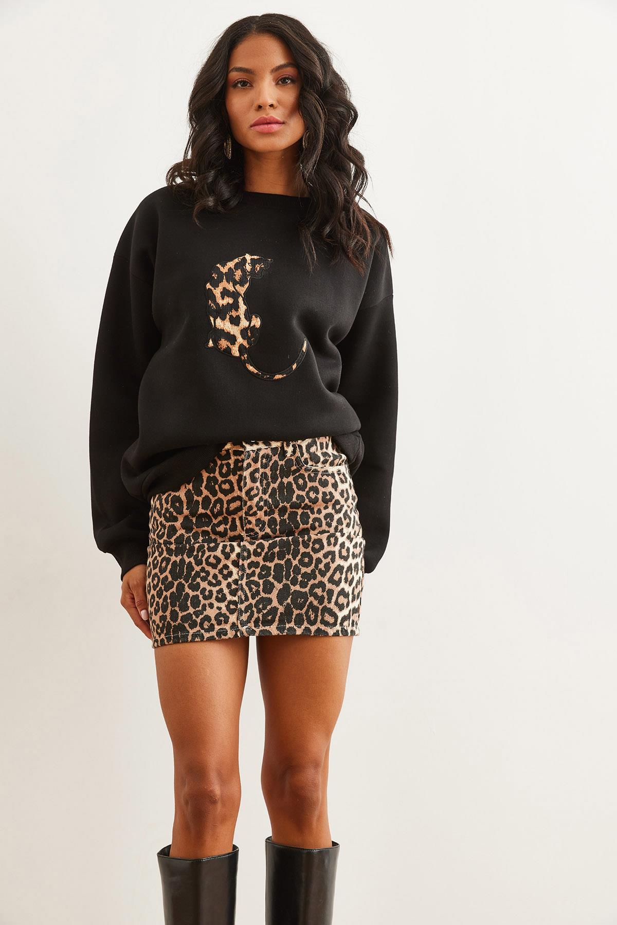 4 Cepli Leopar Gabardin Mini Etek Leopar Kahve