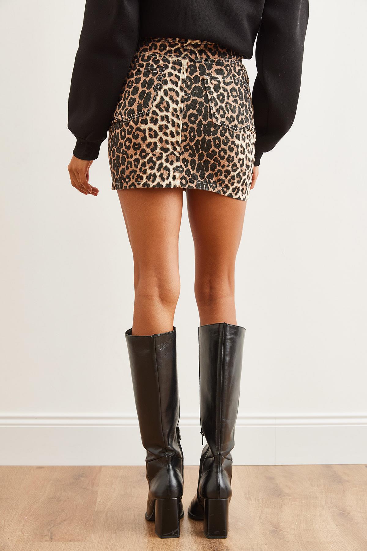 4 Cepli Leopar Gabardin Mini Etek Leopar Kahve