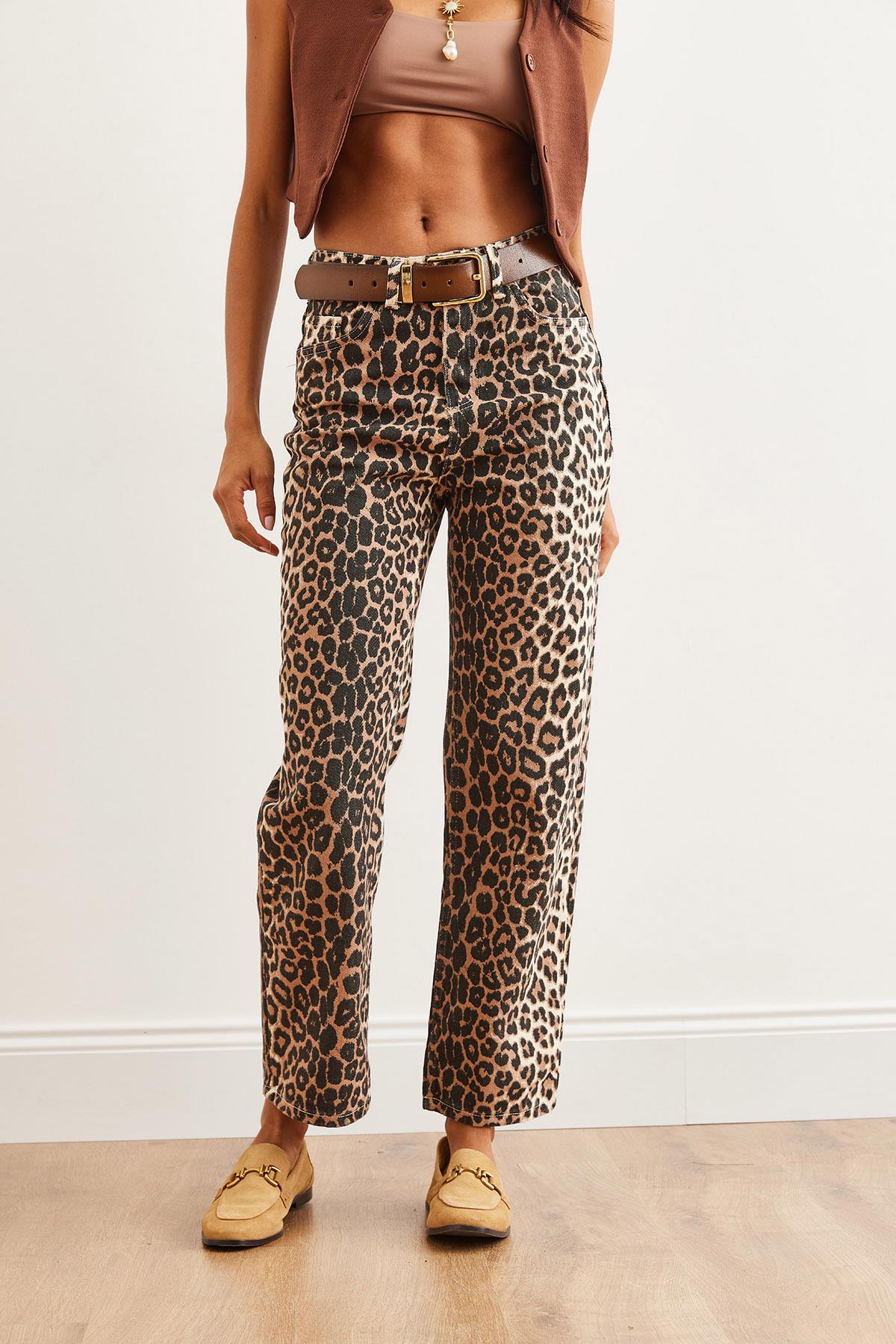 4 Cepli Leopar Gabardin WideLeg Pantolon Leopar Taş