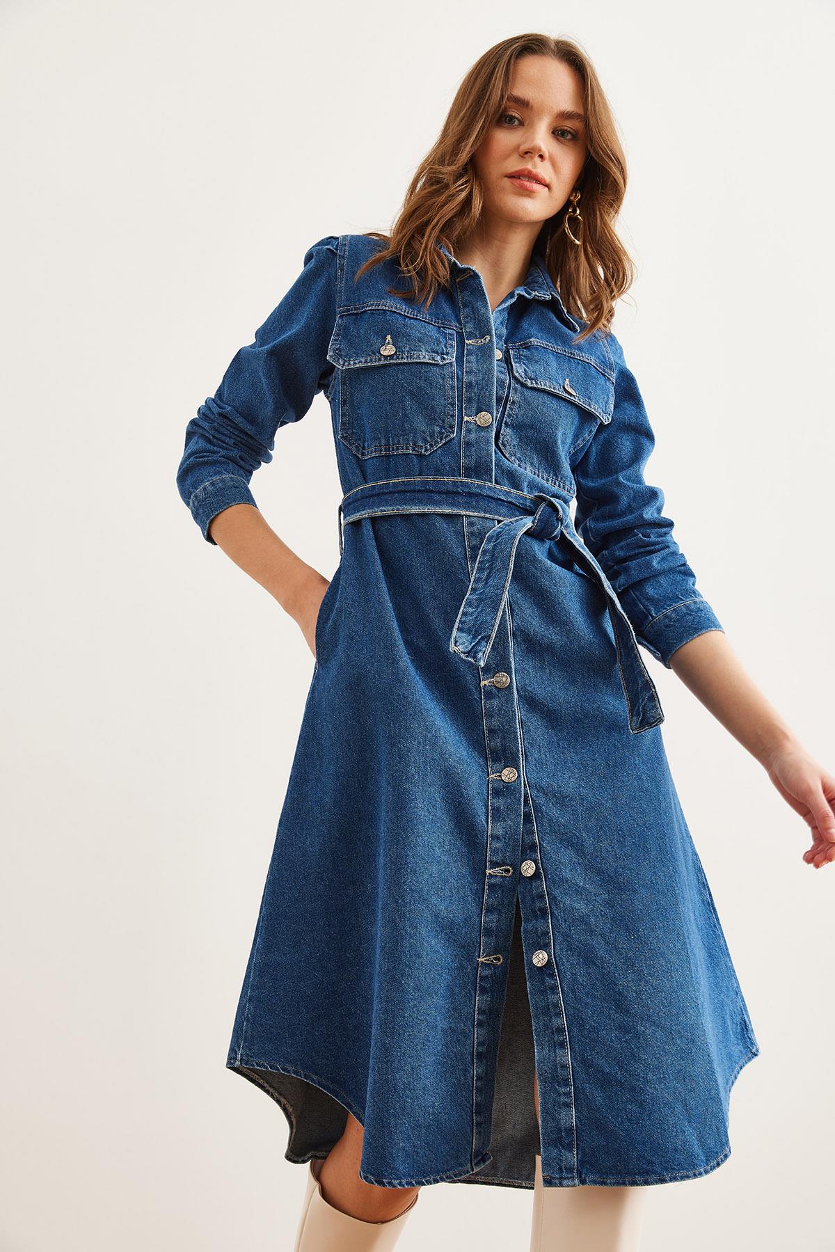 4 Cepli Midi Kalın Denim Elbise Mavi