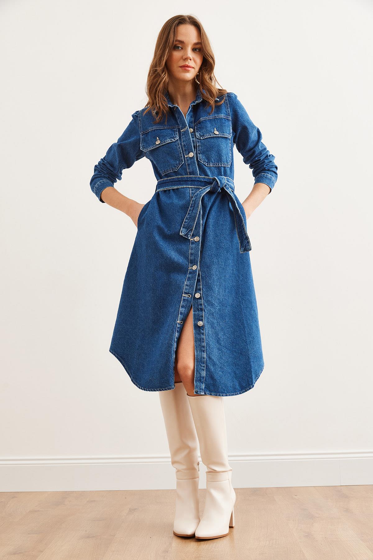 4 Cepli Midi Kalın Denim Elbise Mavi