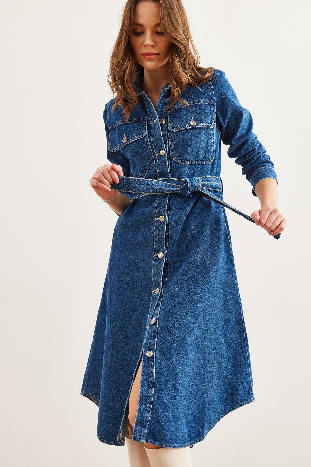 4 Cepli Midi Kalın Denim Elbise Mavi