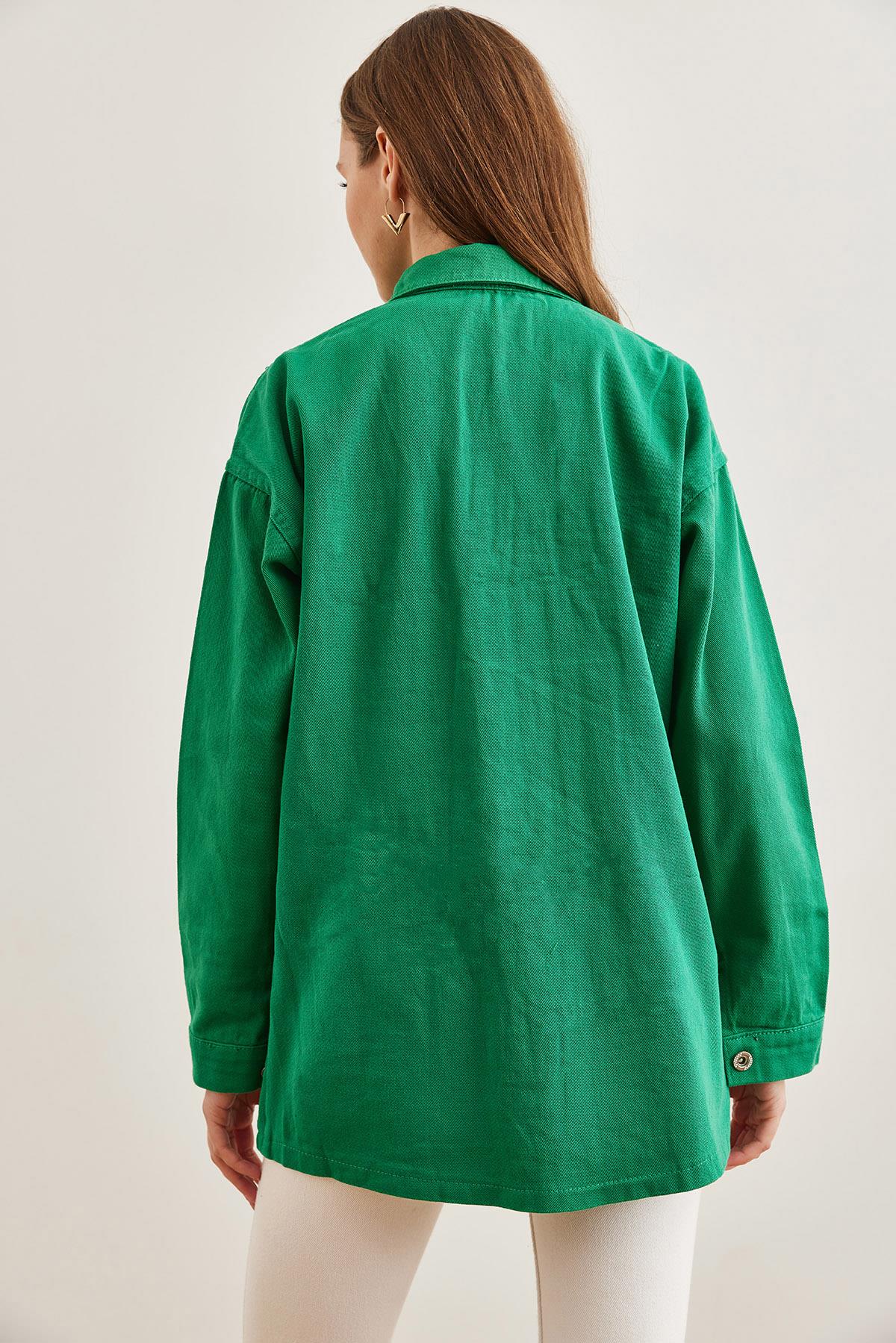 4 Cepli Oversize Gabardin Gömlek Çimen Yeşili