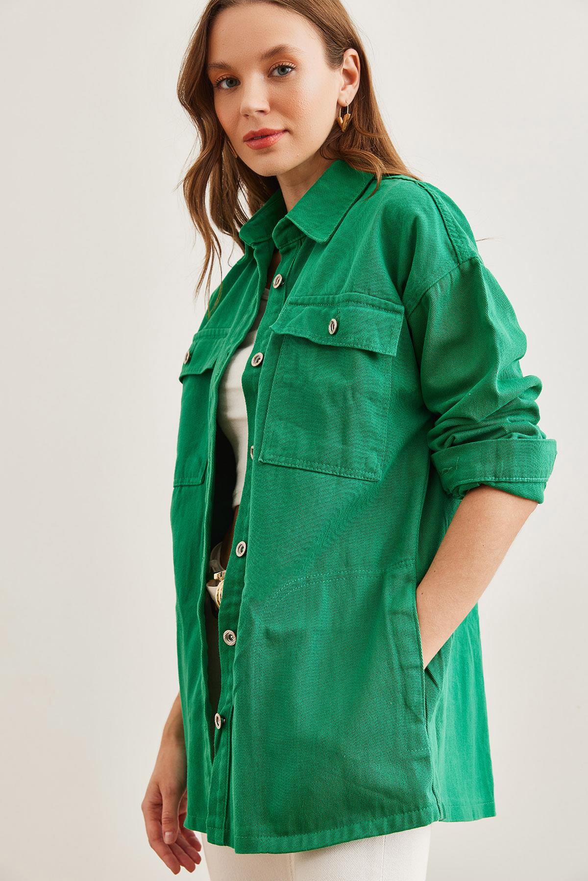 4 Cepli Oversize Gabardin Gömlek Çimen Yeşili