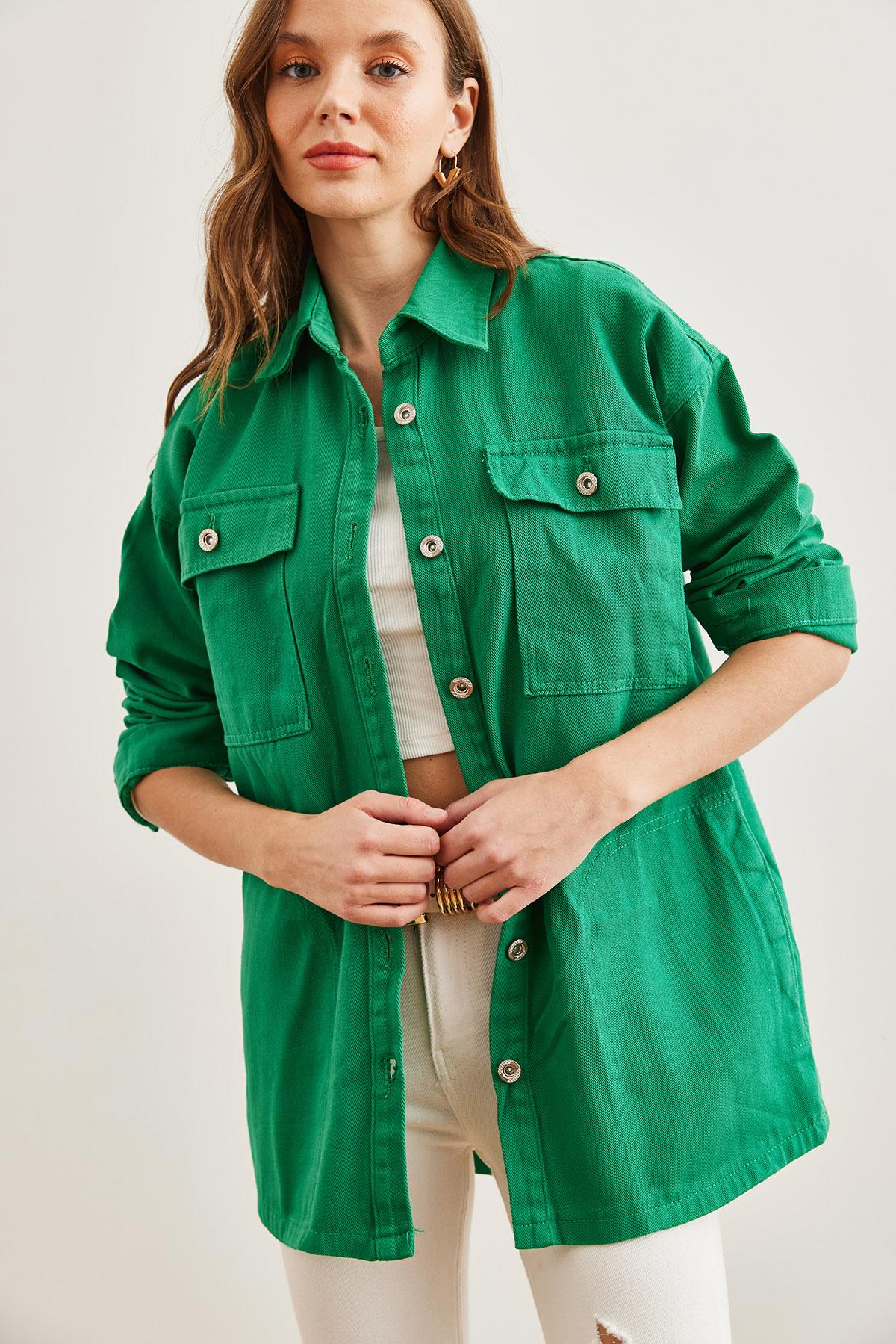 4 Cepli Oversize Gabardin Gömlek Çimen Yeşili