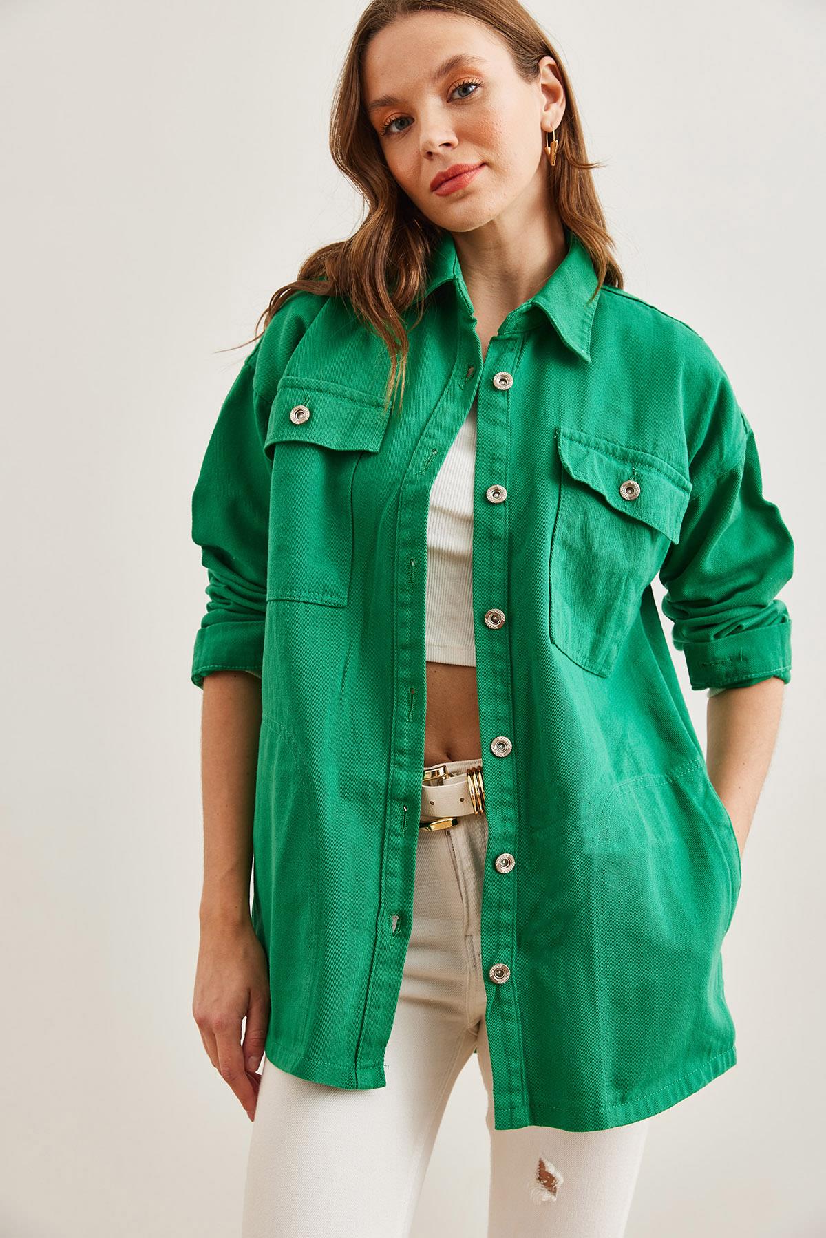 4 Cepli Oversize Gabardin Gömlek Çimen Yeşili