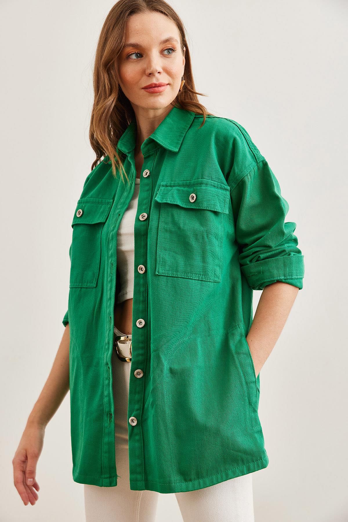 4 Cepli Oversize Gabardin Gömlek Çimen Yeşili