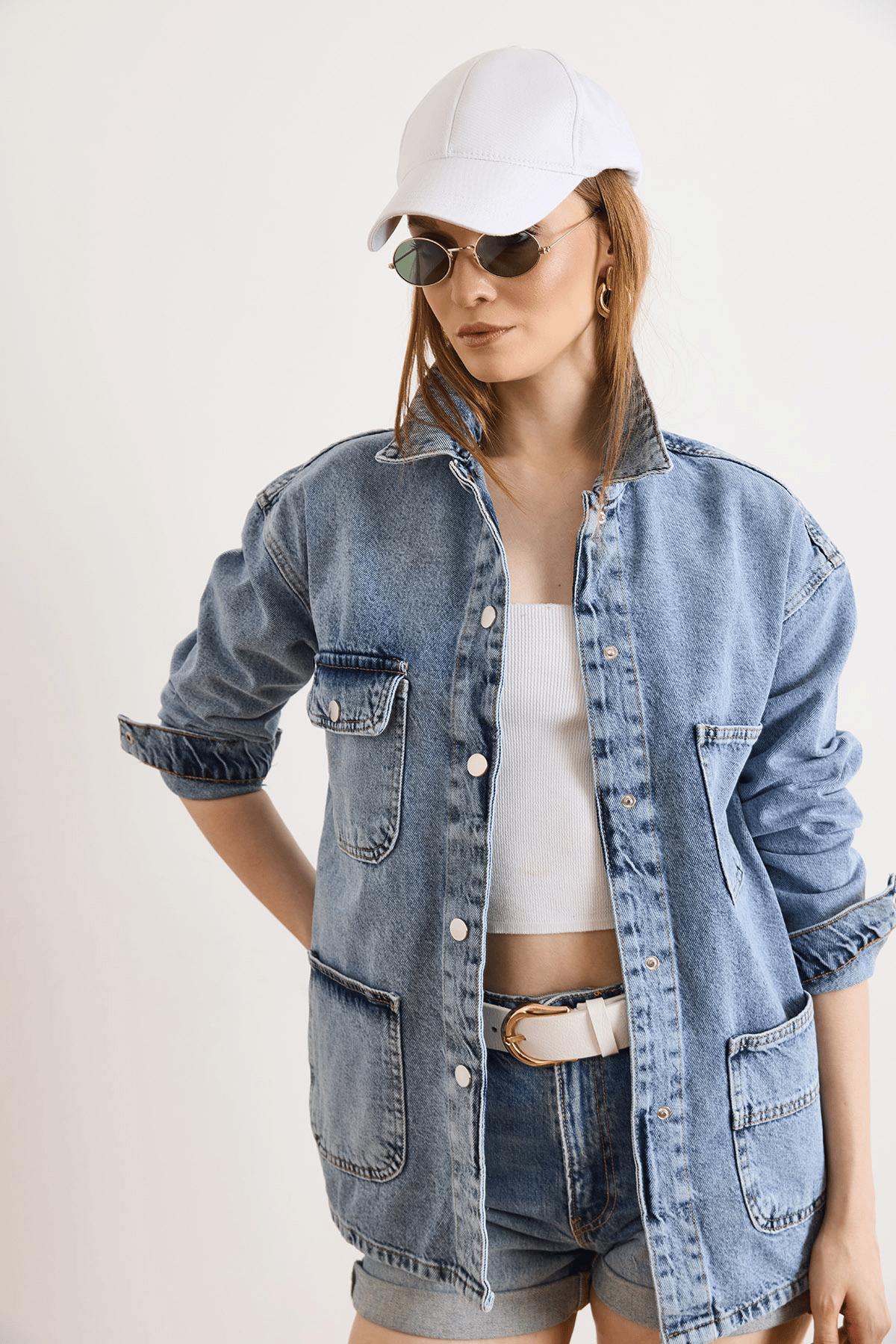 4 Cepli Tok Denim Ceket Açık Mavi