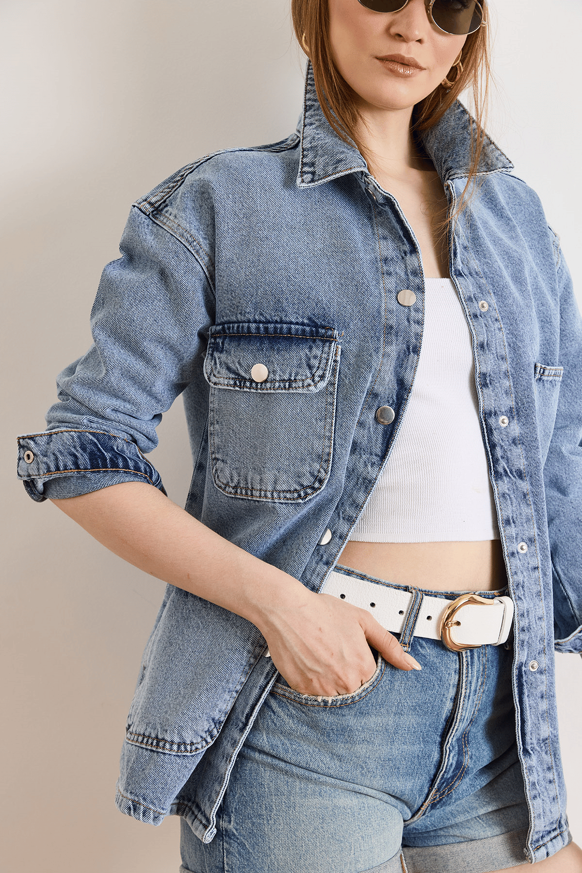 4 Cepli Tok Denim Ceket Açık Mavi