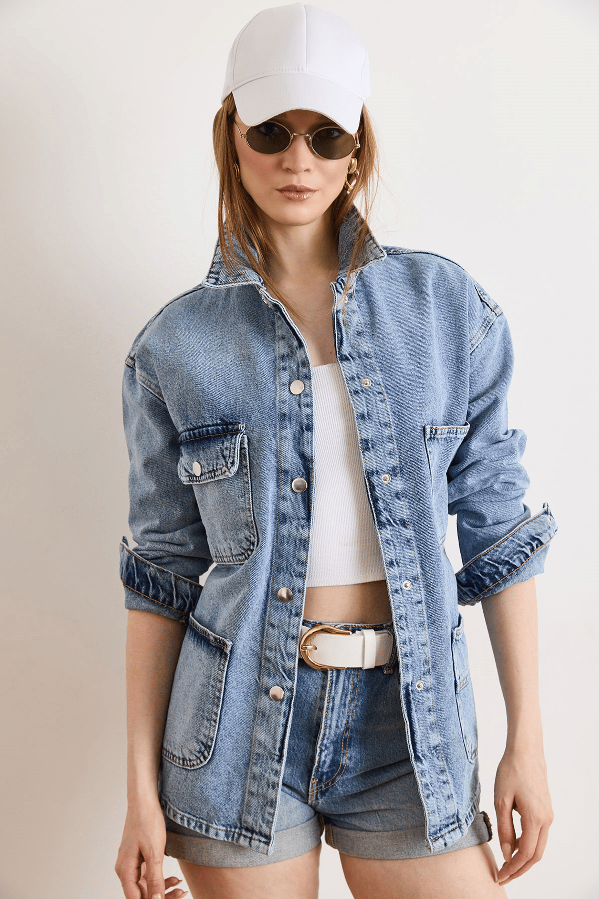 4 Cepli Tok Denim Ceket Açık Mavi